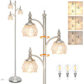 JUNNAI Brushed Nickel Floor Lamps for Living Room Silver Flower Standing Lamp with 3 Brightness Lights Glass Shades 66.5in Lamp for Bedroom Office(3LED Bulbs Included)
