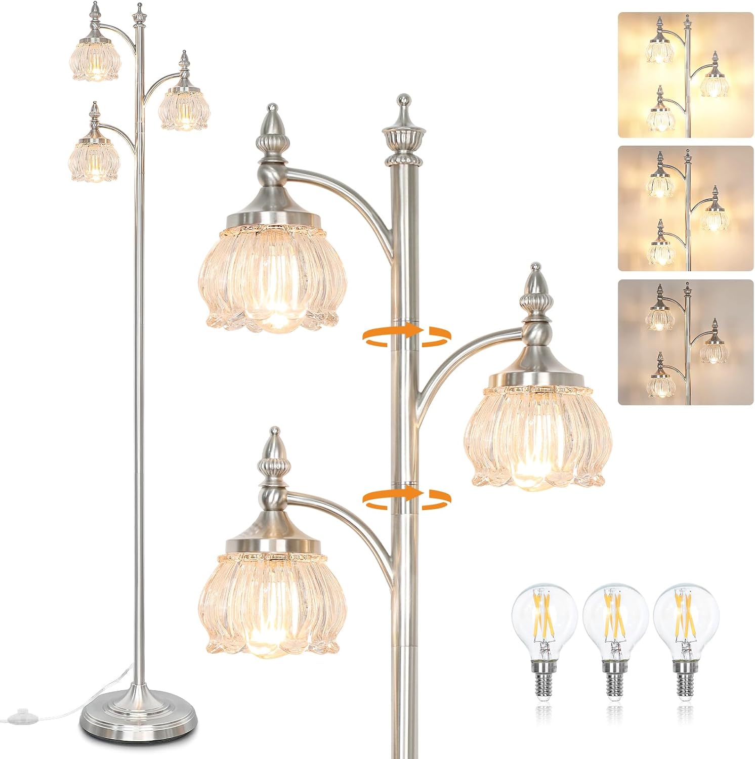 JUNNAI Brushed Nickel Floor Lamps for Living Room Silver Flower Standing Lamp with 3 Brightness Lights Glass Shades 66.5in Lamp for Bedroom Office(3LED Bulbs Included)