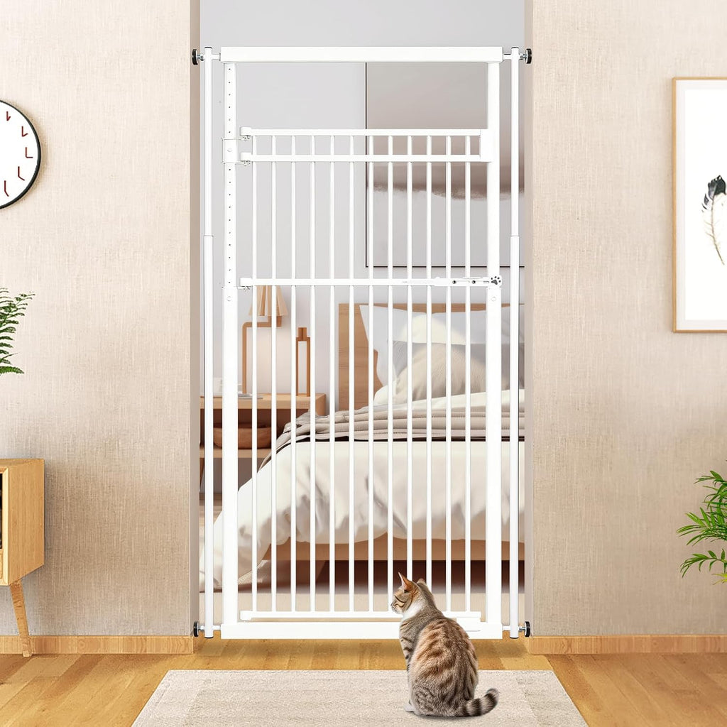 78.8' Extra Tall Cat Gate, 28.3-33' Wide Safety Metal Cat Door, Pressure Mounted Easy Walk Through Pet Gate with Door for Stairs, Doorways (White)