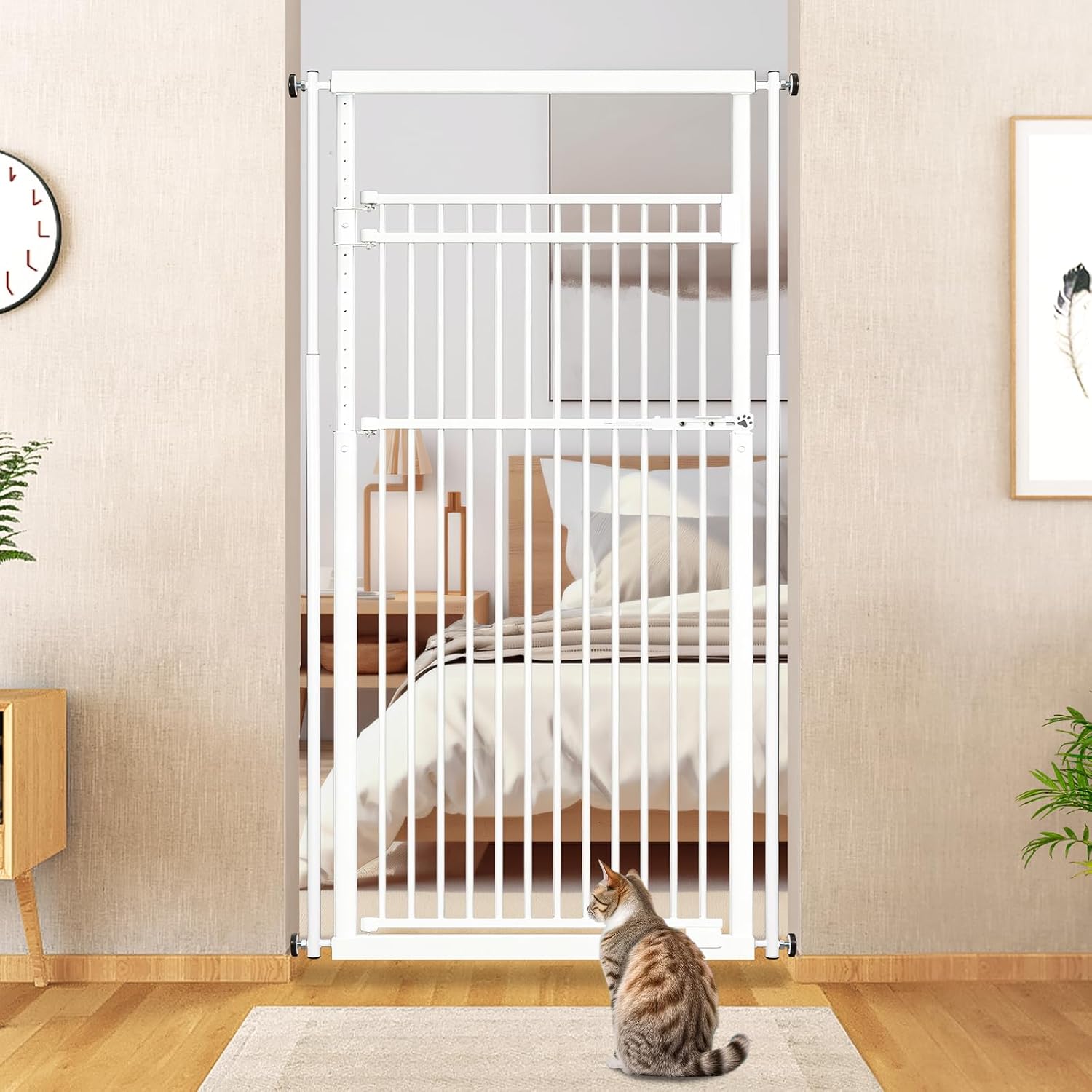 78.8' Extra Tall Cat Gate, 28.3-33' Wide Safety Metal Cat Door, Pressure Mounted Easy Walk Through Pet Gate with Door for Stairs, Doorways (White)
