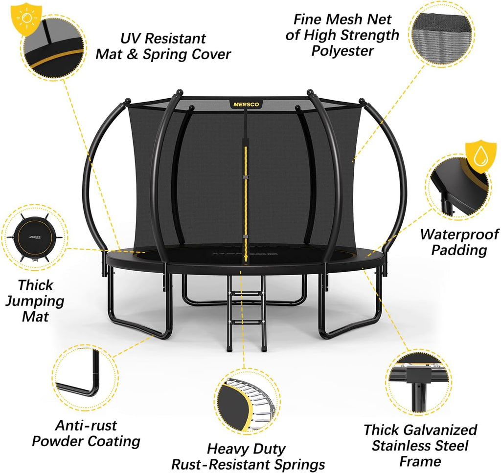Mersco Trampoline Outdoor 10FT 12FT 14FT with Enclosure and Ladder, ASTM Approved Recreational Trampoline for Kids and Adults, Anti-Rust Coated Frame, Enhanced Weight Capacity