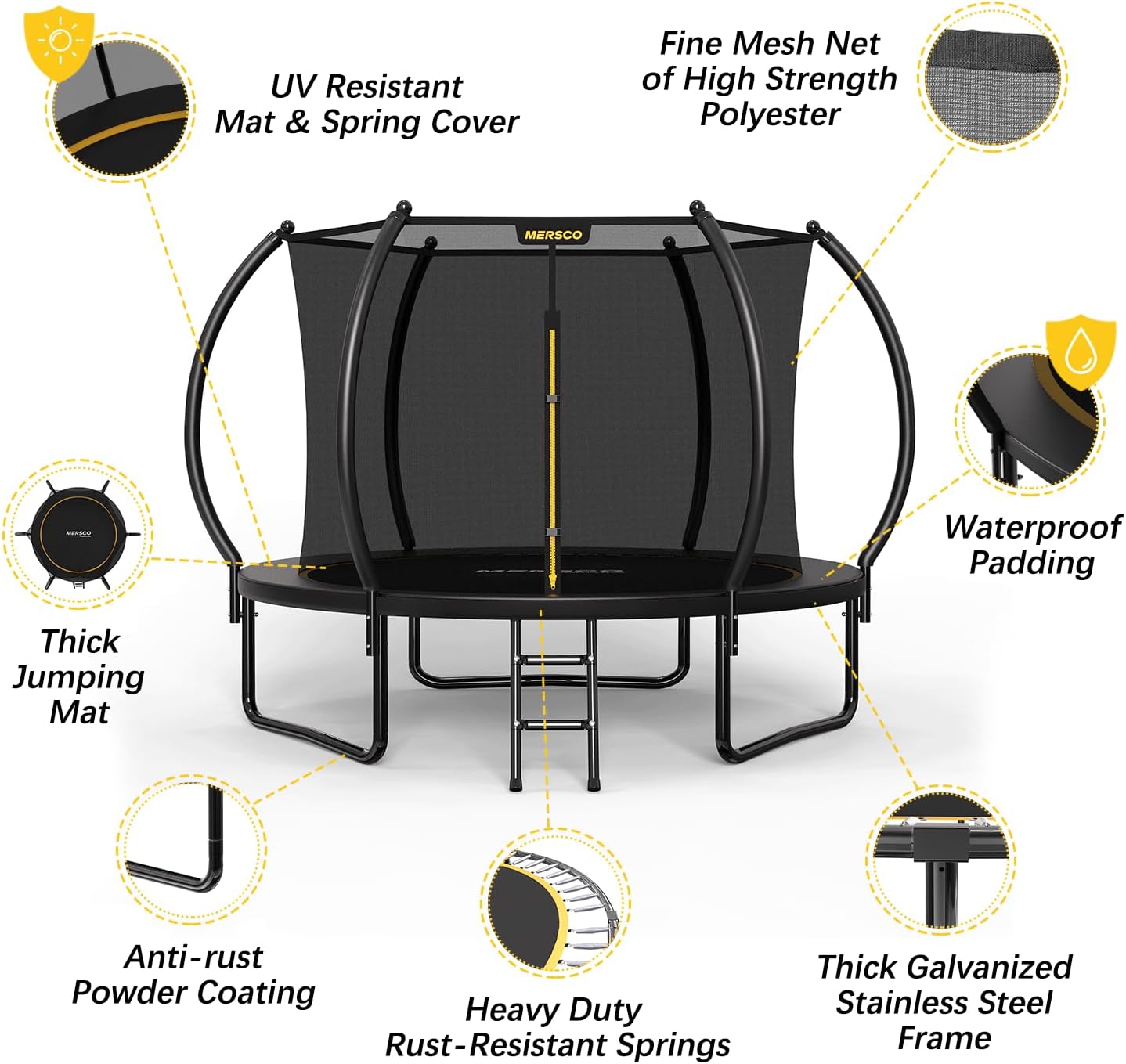 Mersco Trampoline Outdoor 10FT 12FT 14FT with Enclosure and Ladder, ASTM Approved Recreational Trampoline for Kids and Adults, Anti-Rust Coated Frame, Enhanced Weight Capacity