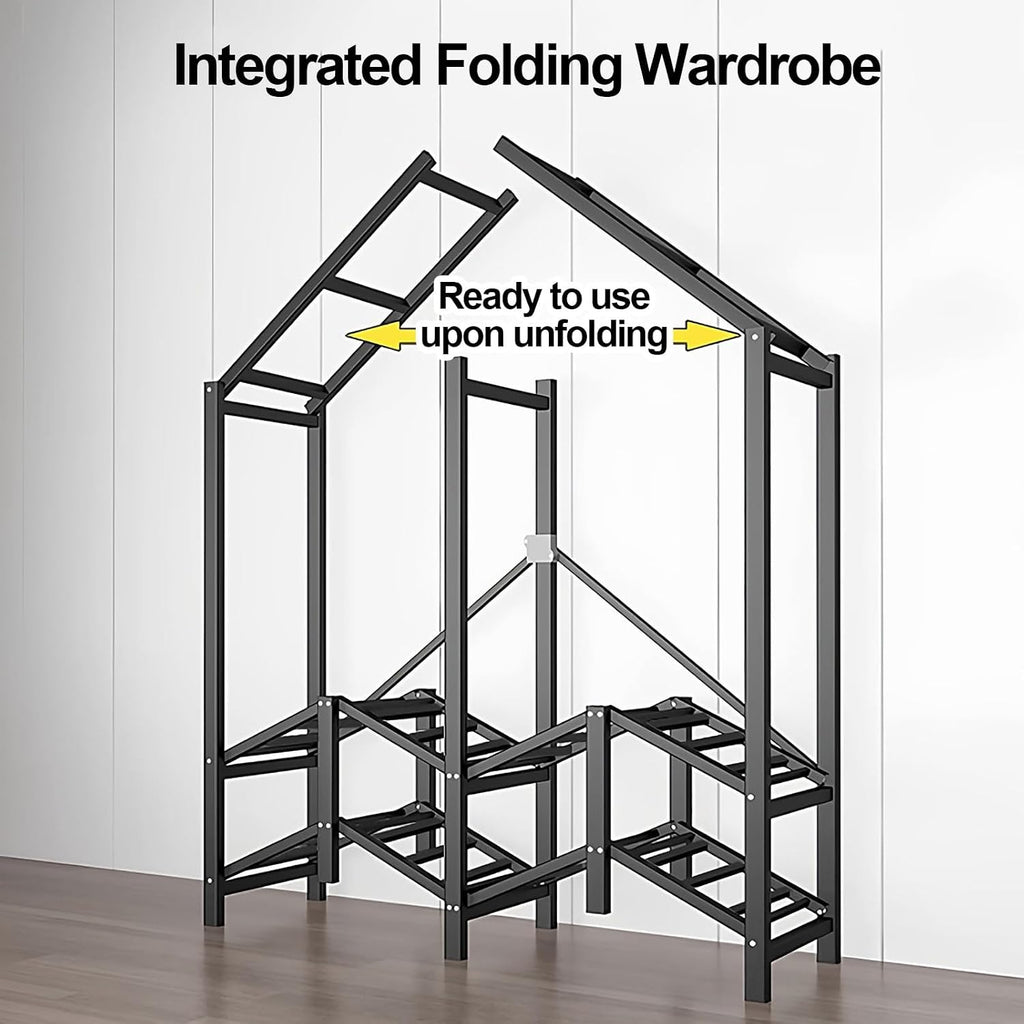 Heavy Duty Wardrobe Closet With Cover, Foldable One-Piece Folding Base, Portable Covered Clothing Coat Storage Organizer, Metal Garment Rack For Bedrooms(Blue 1,110x50x170cm)