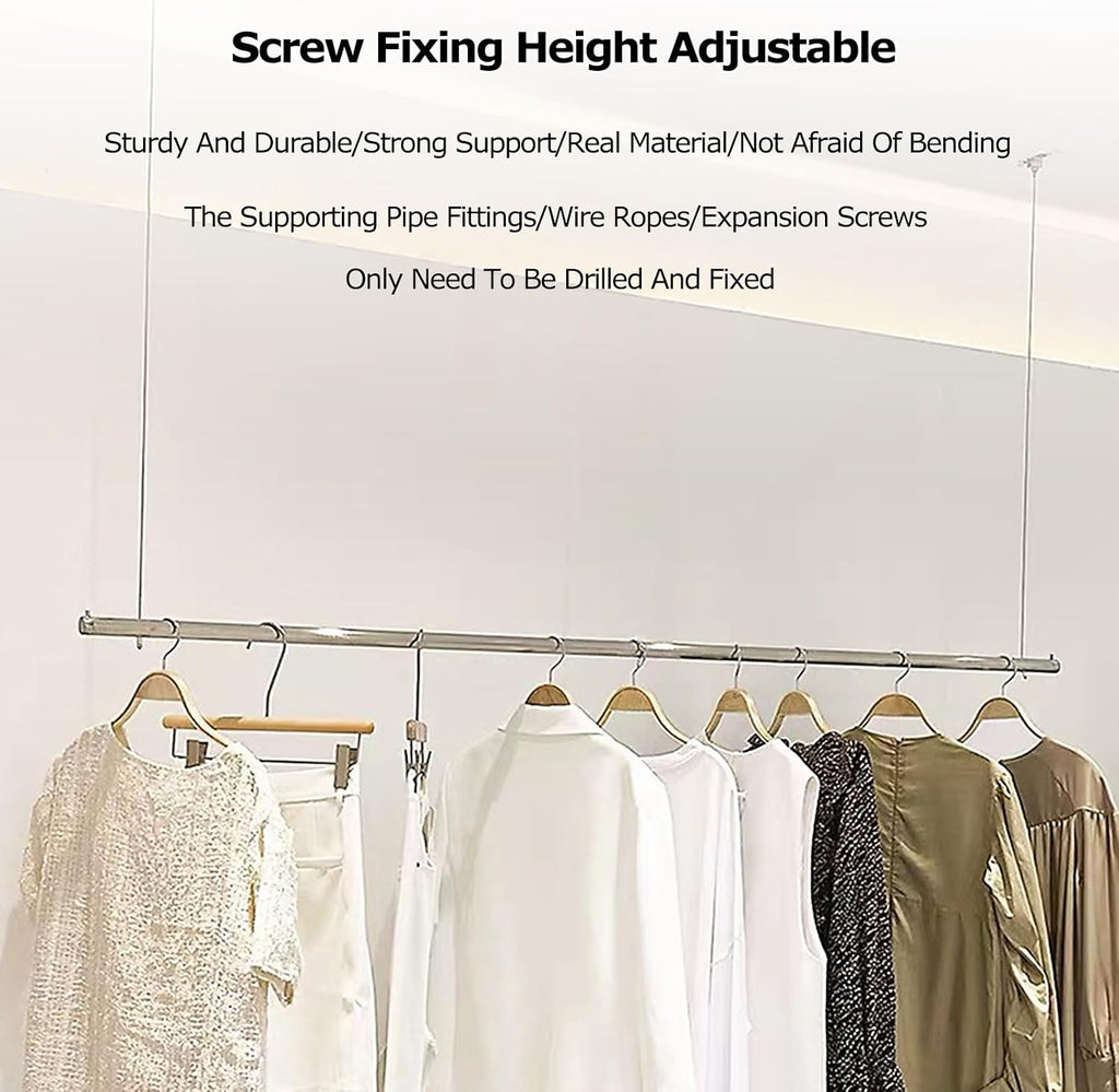Wall Mounted Clothes Rail Adjustable 0-200cm Coat Rack,Bearing Weight 75kg Space-Saving Clothes Rail,Industrial Pipe Clothes Bar Rack,Hanging Garment Rack f(1pcs-120cm