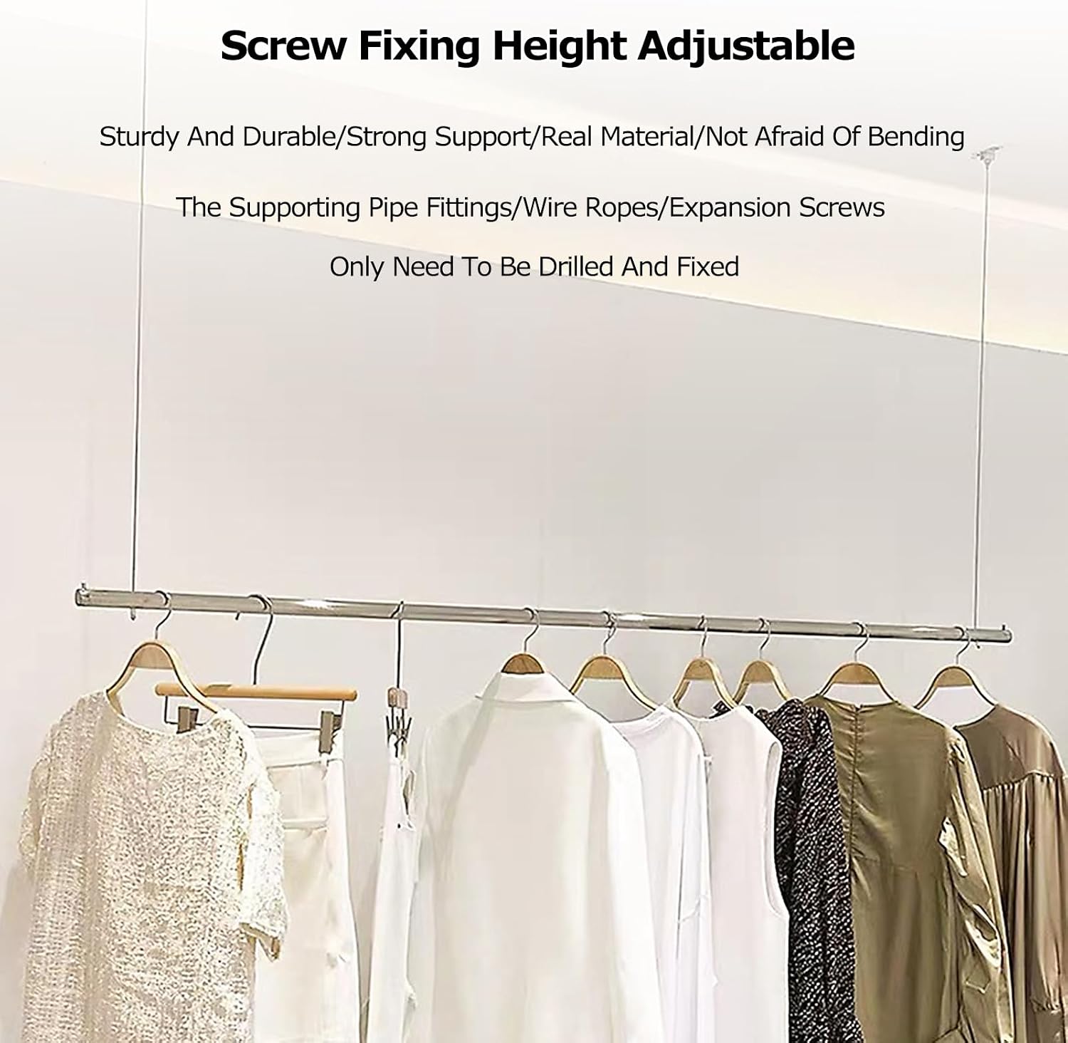Wall Mounted Clothes Rail Adjustable 0-200cm Coat Rack,Bearing Weight 75kg Space-Saving Clothes Rail,Industrial Pipe Clothes Bar Rack,Hanging Garment Rack f(1pcs-150cm
