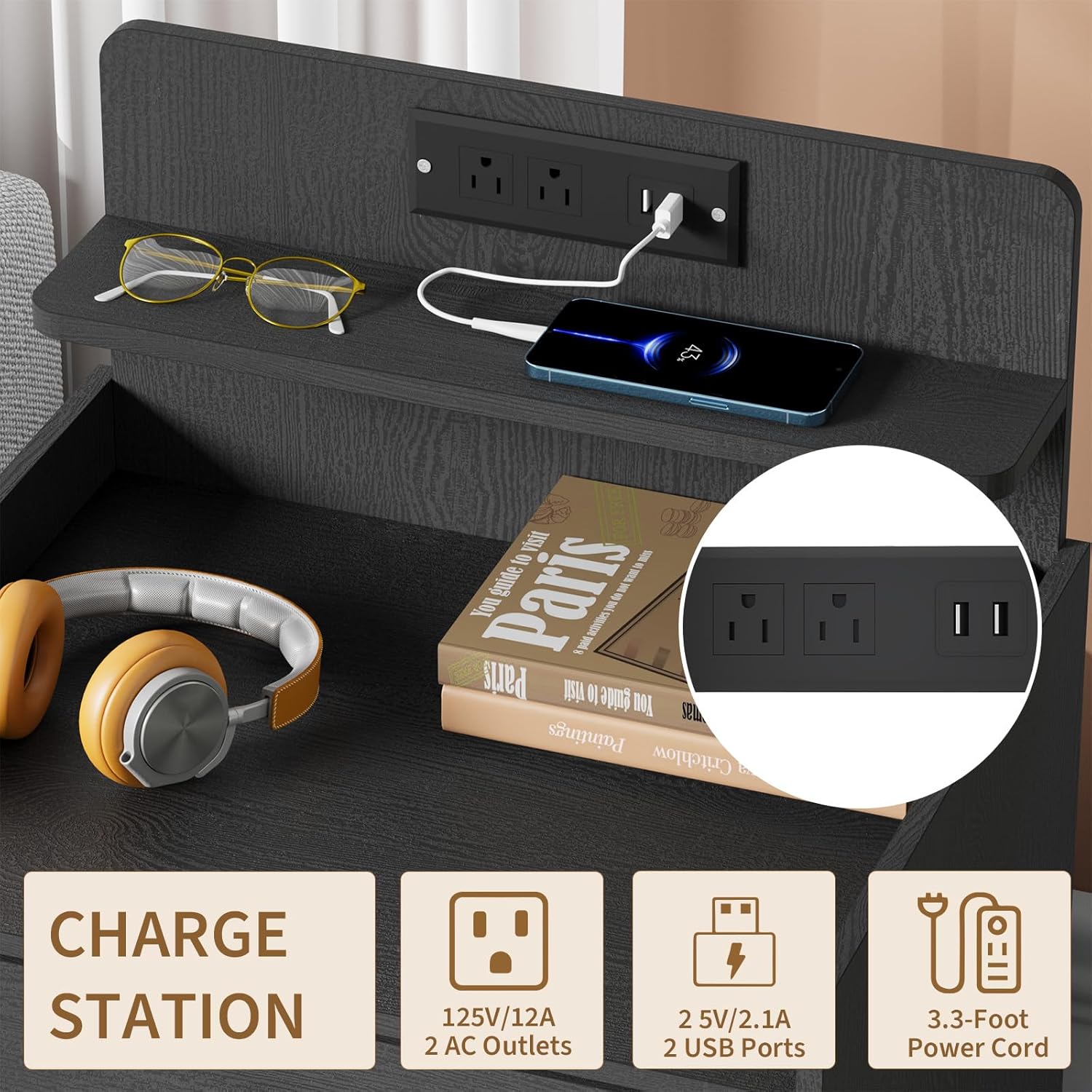 Rreyet 29' Nightstand Set of 2, 3 Drawers, Black | Charging Station, Button Handle, Smooth Sliding, Enhanced Storage, For Bedroom, Sofa Side