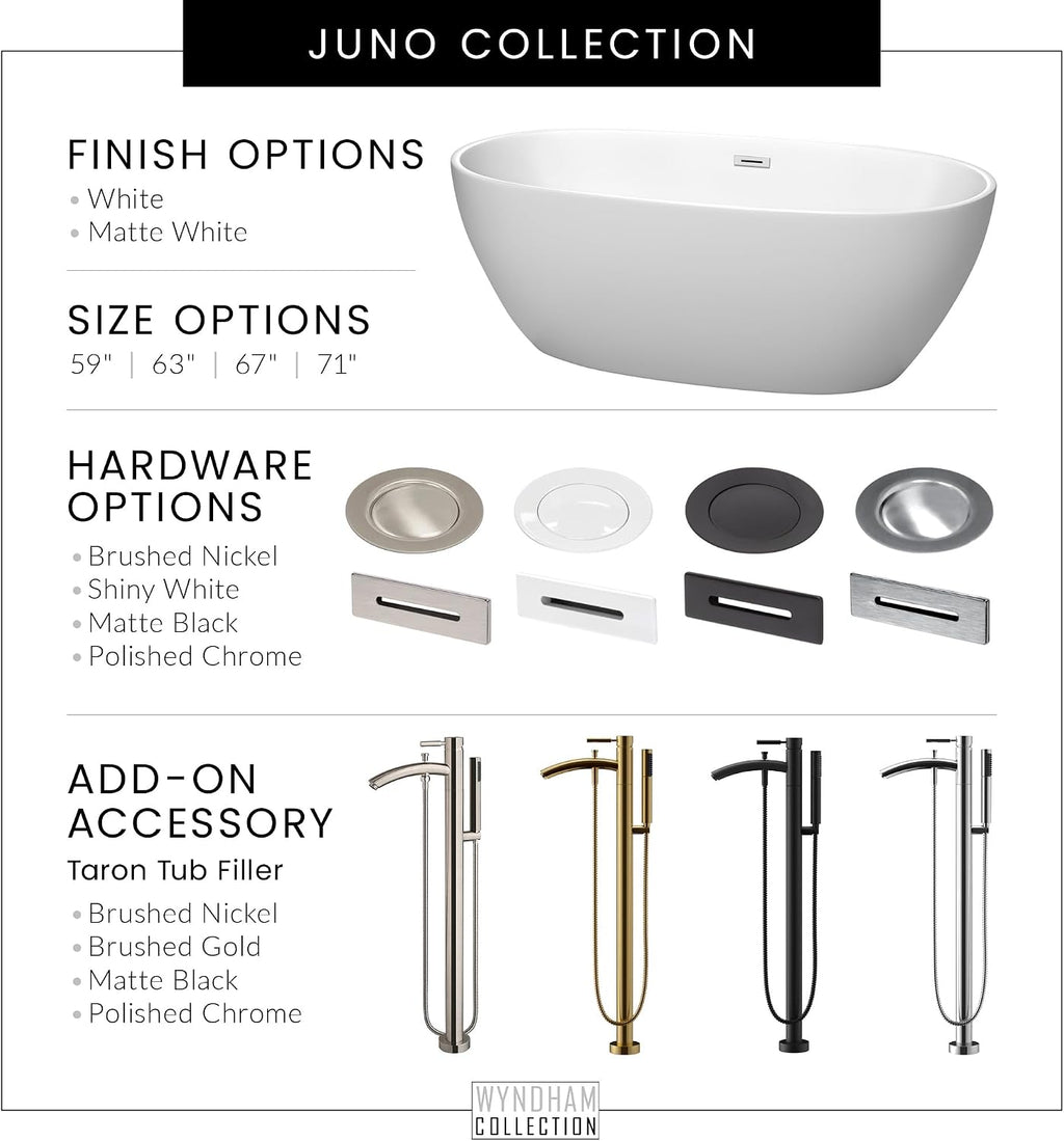 Juno 67 Inch Freestanding Bathtub in Matte White with Polished Chrome Drain and Overflow Trim