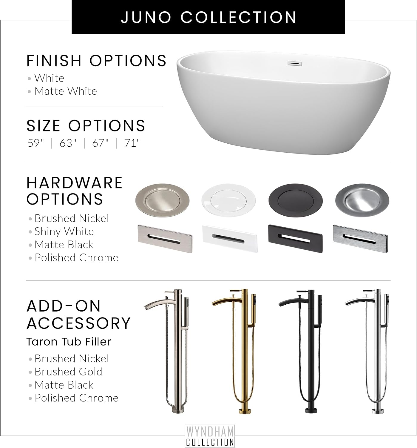 Juno 67 Inch Freestanding Bathtub in Matte White with Polished Chrome Drain and Overflow Trim