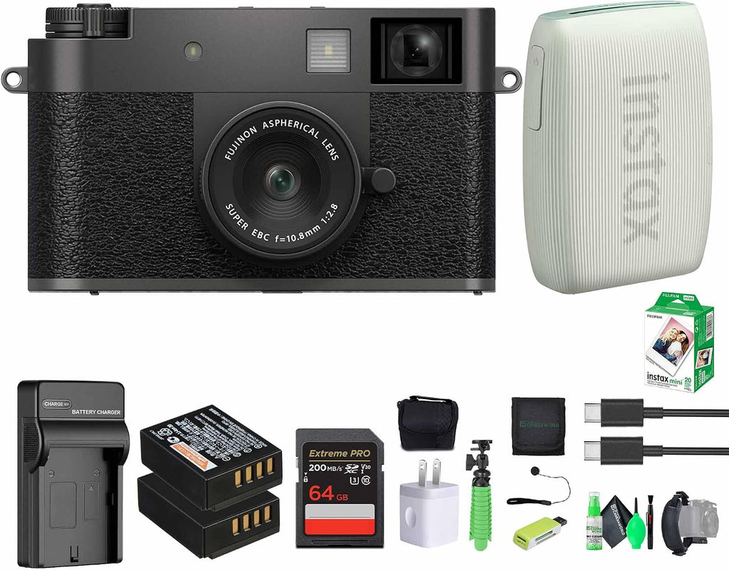 FUJIFILM X Half Premium Compact Digital Camera (Charcoal Silver) Bundle with Fuji Link 3 Smartphone Printer (Sage Green) + Instax Mini Film + Extra Battery + Charger + 64GB Memory Card + More