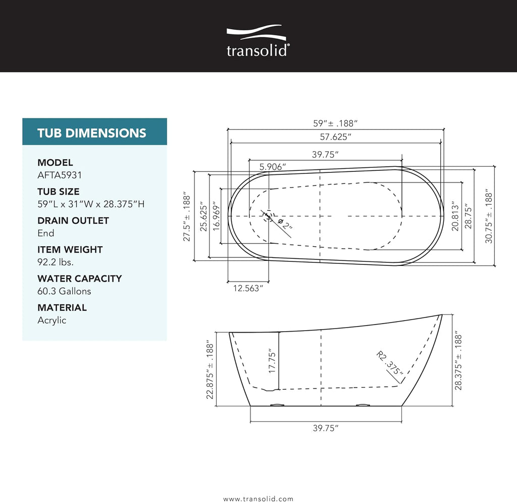 Transolid Freestanding Soaking Acrylic Bathtub with Center Drain | Bath Pillow | Non-Porous Acrylic | 10-Year Warranty (Gloss White, 59' Aaliyah)