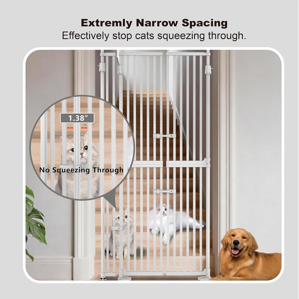 YGP 74.8-90.5' Extra Tall Cat Gate,30.3–38.2' Wide Pressure Mounted Cat Gate for Doorway, 1.3' Narrow Bar Cat Dog Proof Pet Gate,Auto Close No Drilling for Indoor Stairs Window Wall.White