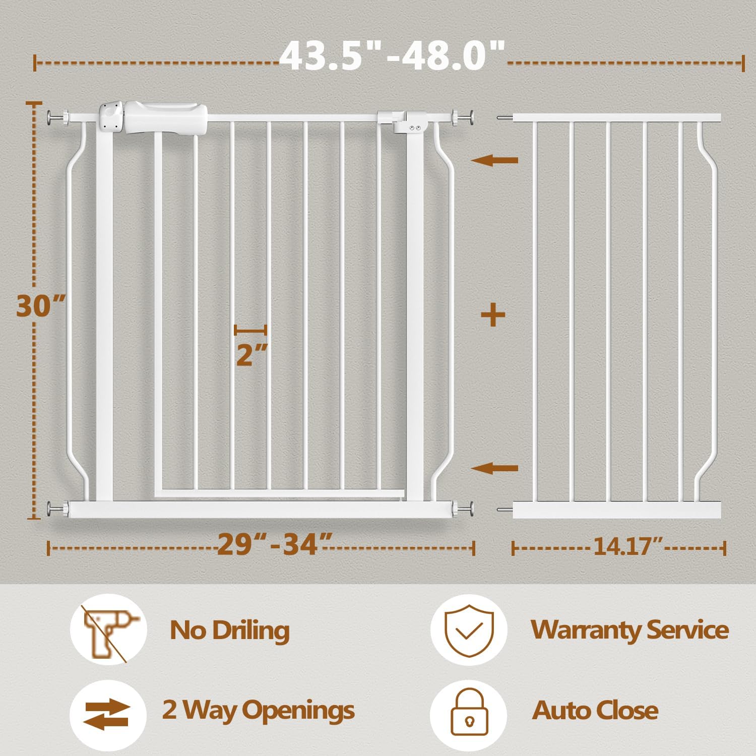 Fairy Baby 43.5-48 Inch Wide Easy Step Safety Gates for Doorways, Extra Wide Pet Gate for Dogs Puppy, Pressure Mounted No Drill Auto Close Baby Gates, Adjustable Metal, White