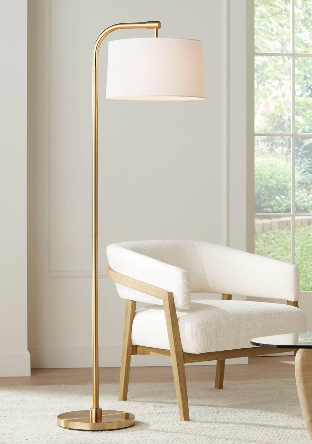 360 Lighting Serra Modern Art Deco Arc Floor Lamp Standing 64' Tall Warm Gold Metal White Linen Blend Fabric Tapered Drum Shade for Living Room Reading Family Bedroom Office House Home
