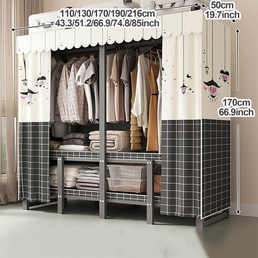 Heavy Duty Wardrobe Closet With Cover, Foldable One-Piece Folding Base, Portable Covered Clothing Coat Storage Organizer, Metal Garment Rack For Bedrooms(Blue 1,130x50x170cm)