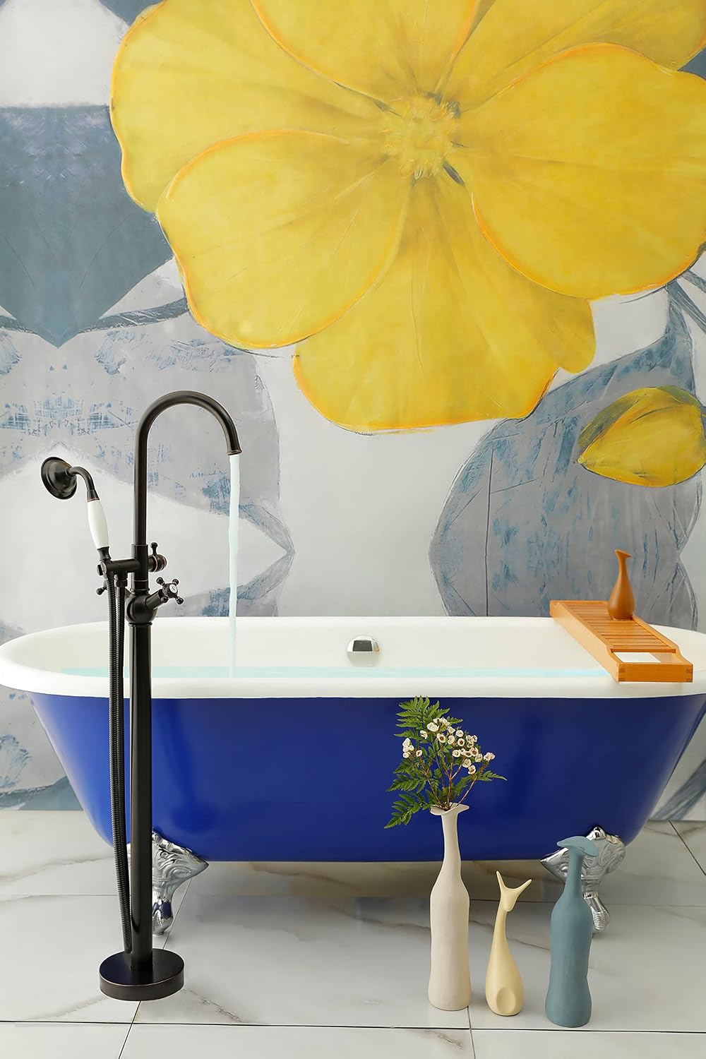 SITGES Solid Brass Freestanding Bathtub Faucet, Bathroom Floor Mount Tub Filler, Dual Function Double Cross Handles with Ceramic Hand shower, Oil Rubbed Bronze