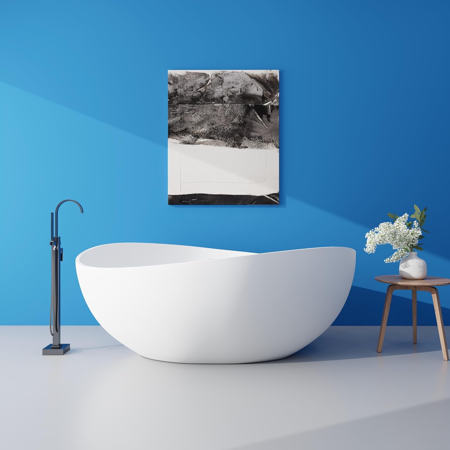SJ STAR&JANE 63' x 38' Solid Surface Freestanding Bathtub, Oval Soaking Tub with Overflow and Pop-up Drain for Bathroom Matte Black