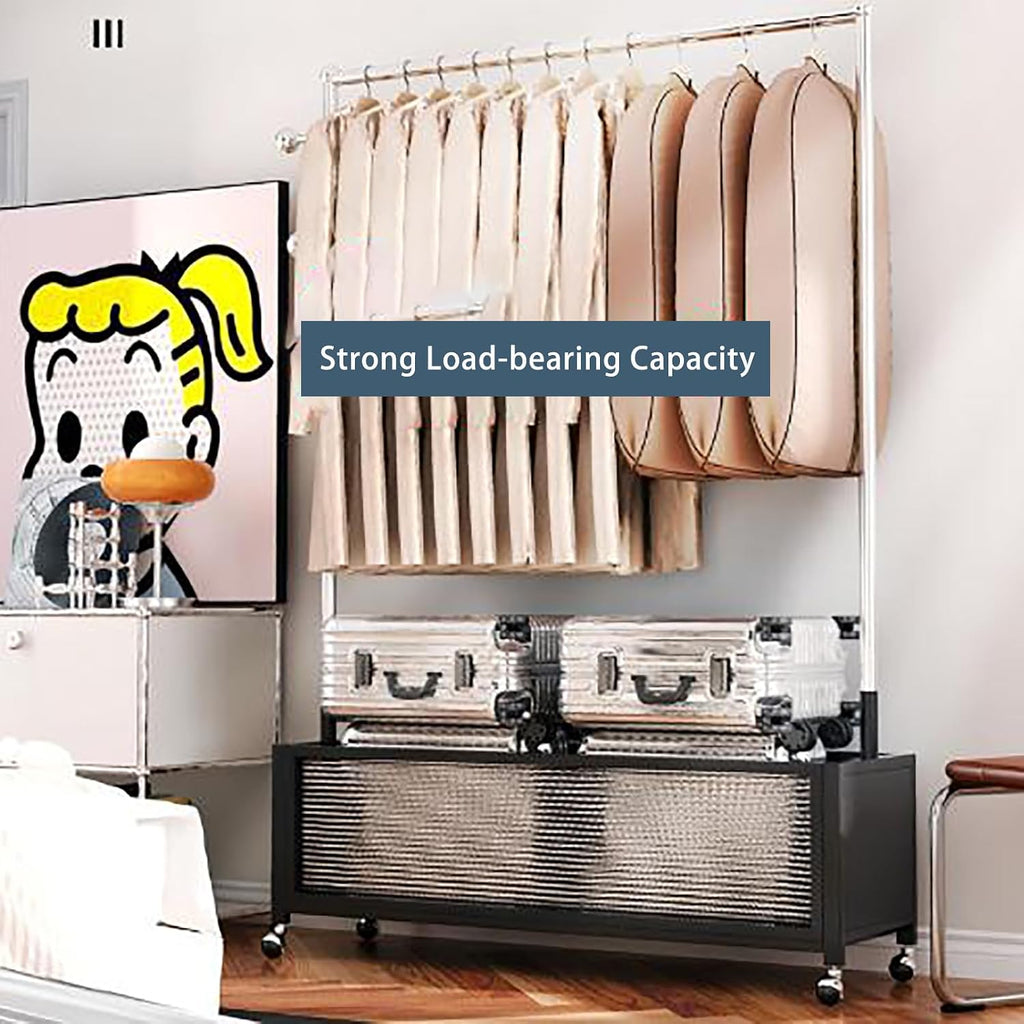 Clothes Rack on wheels, Clothing Rack with Bottom Mesh Storage Shelf, Heavy Duty Garment Racks for Hanging Clothes, for Bedroom Laundry Living Room, Metal Clothing Rack