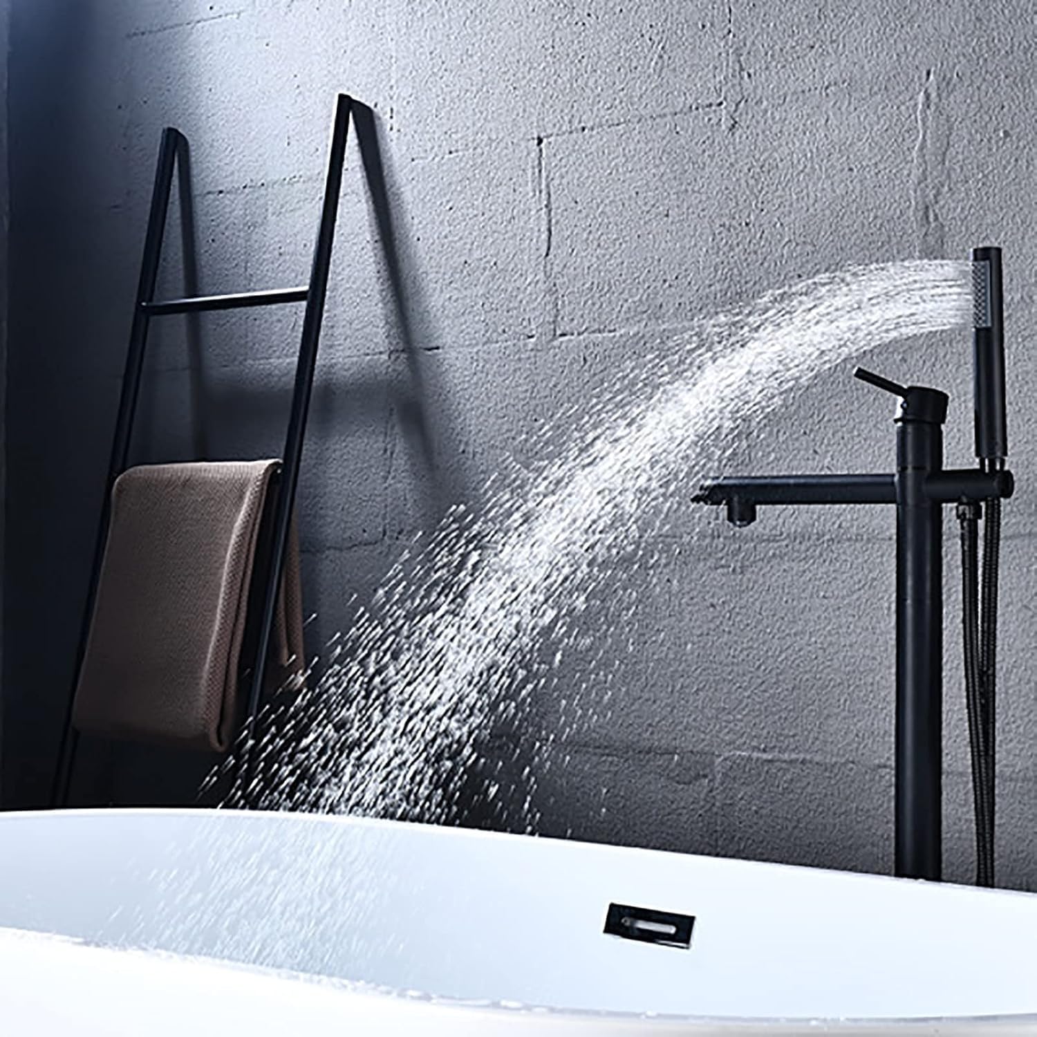 Freestanding Bathtub Faucet with Handheld Shower - Floor Mounted Tub Tap, 59-Inch Shower Hose, Stylish White Gold Finish