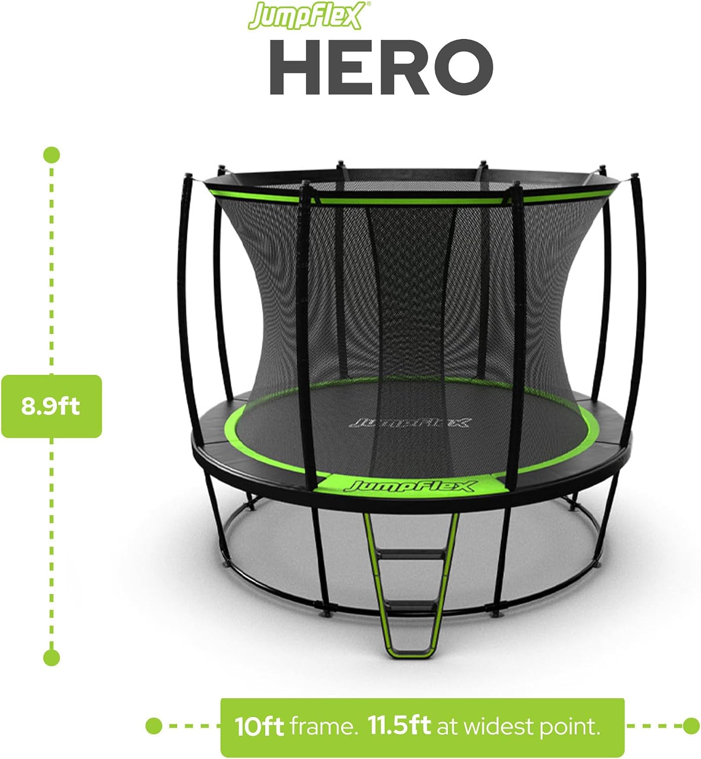 JumpFlex Hero Round Outdoor Backyard Trampoline with Net Safety Enclosure and Ladder - Heavy-Duty Jumping Trampoline Play Equipment for Family