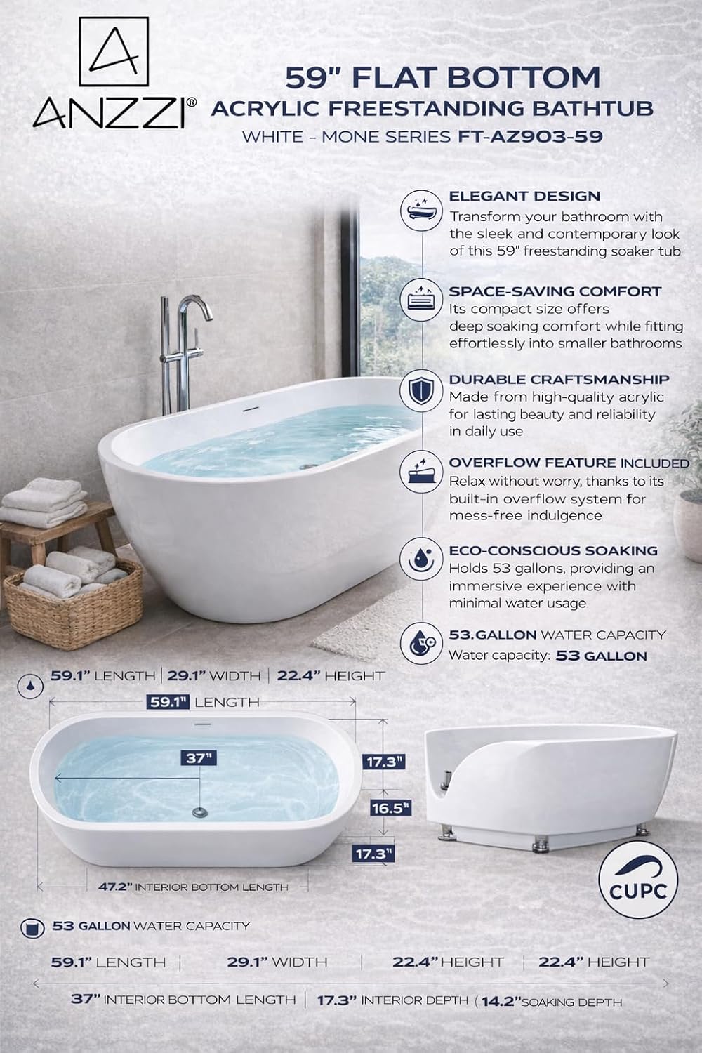 Mone 59 in. Acrylic Glossy Flatbottom Bathtub in White