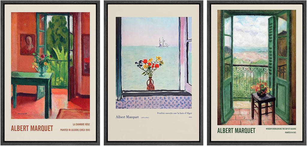 wall26 Framed Canvas Print Wall Art Set Albert Marquet Inspired Window Views Illustrations Modern Art Decorative Floral Botanical Minimal for Bedroom - 24'x36'x3 Black