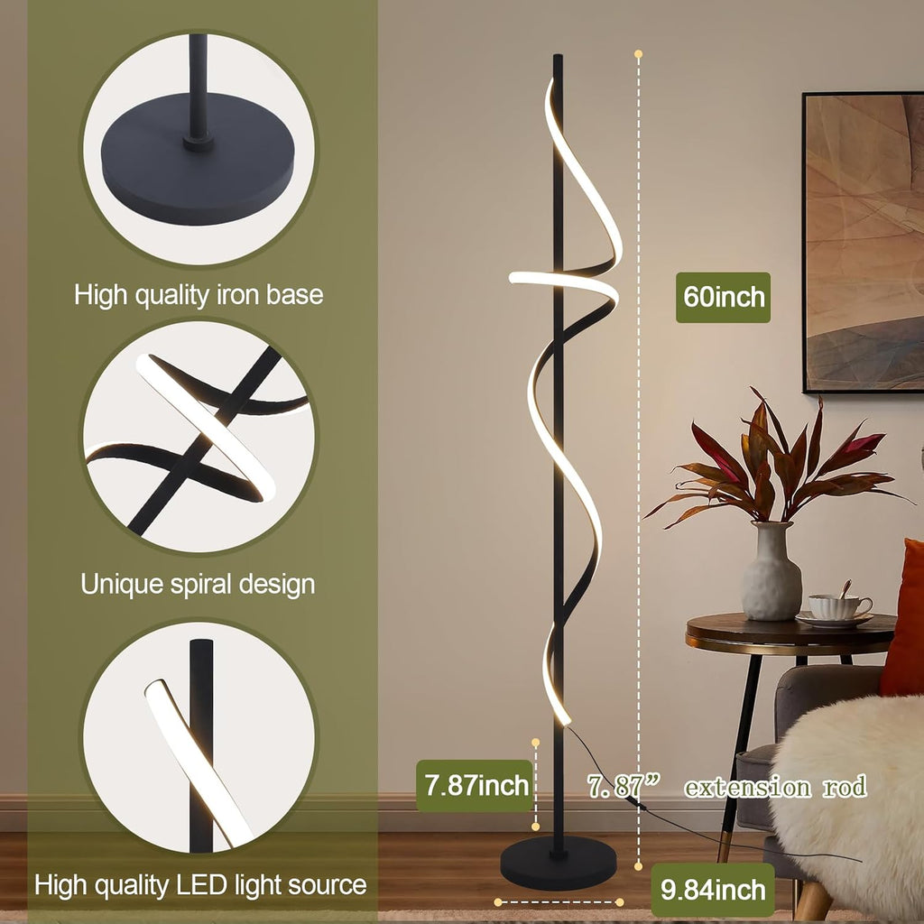 EIDISUNY Modern Spiral Floor Lamp with Remote Control, 48W LED Floor Lamps for Living Room, 3 Colors Dimmable Tall Standing Lamp for Living Room, 60'' Modern Floor lamp for Bedroom Black