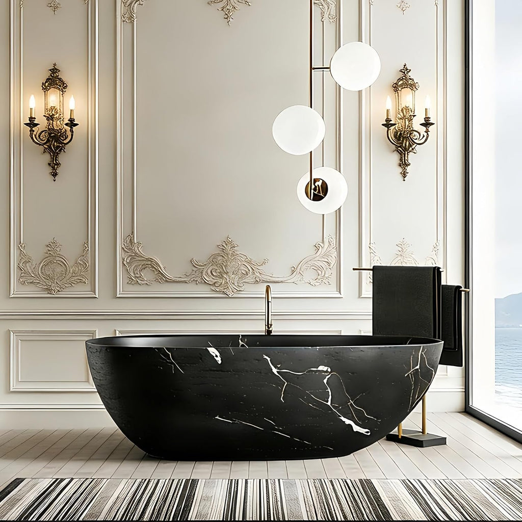 59' Edeyeu Freestanding Bathtub - Solid Surface Soaking Tub with Black & White Marble Design, Luxury Free Standing Tub for Spa, Home, and Villa Bathrooms, Black