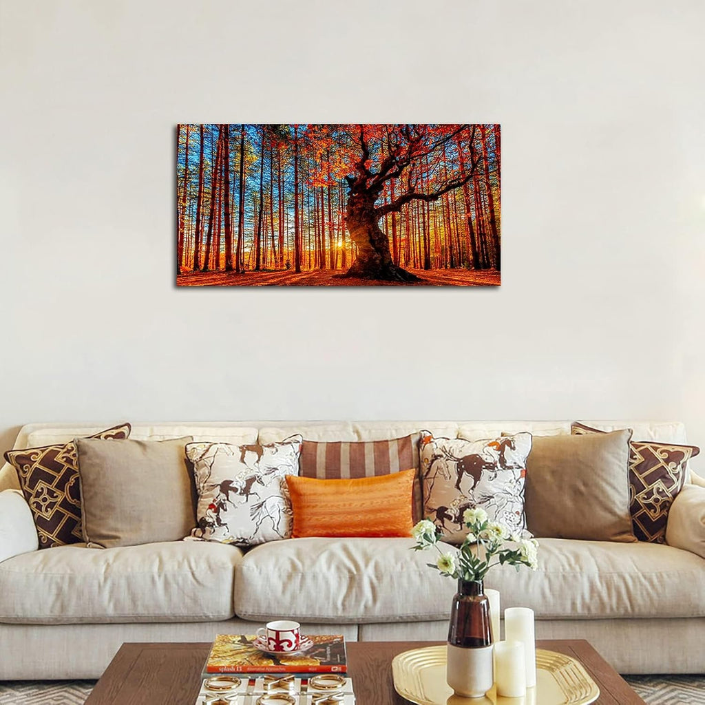 Forest Wall Art Sunset Canvas Pictures Red Leaf Trees Landscape Canvas Artwork Contemporary Nature Painting Print for Living Room Bedroom Home Office Wall Decor Framed Ready to Hang 29' x 58'