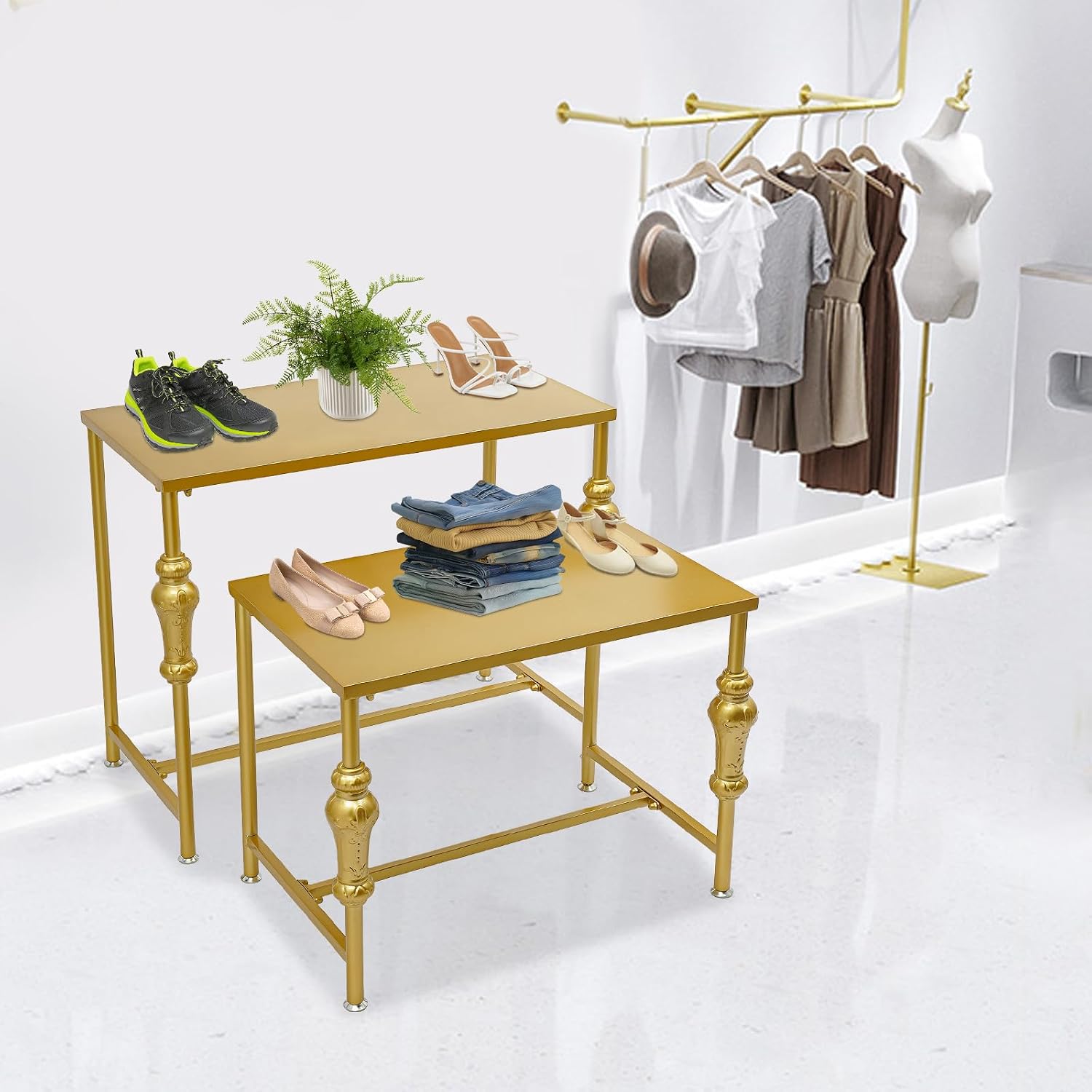 Industrial Retail Display Tables, Set of 2 Standing Clothing Shoes Display Rack, Heavy Duty Boutique Display Riser Storage Shelves, Garment Handbag Display Stand for Retail Clothing Store (Gold)
