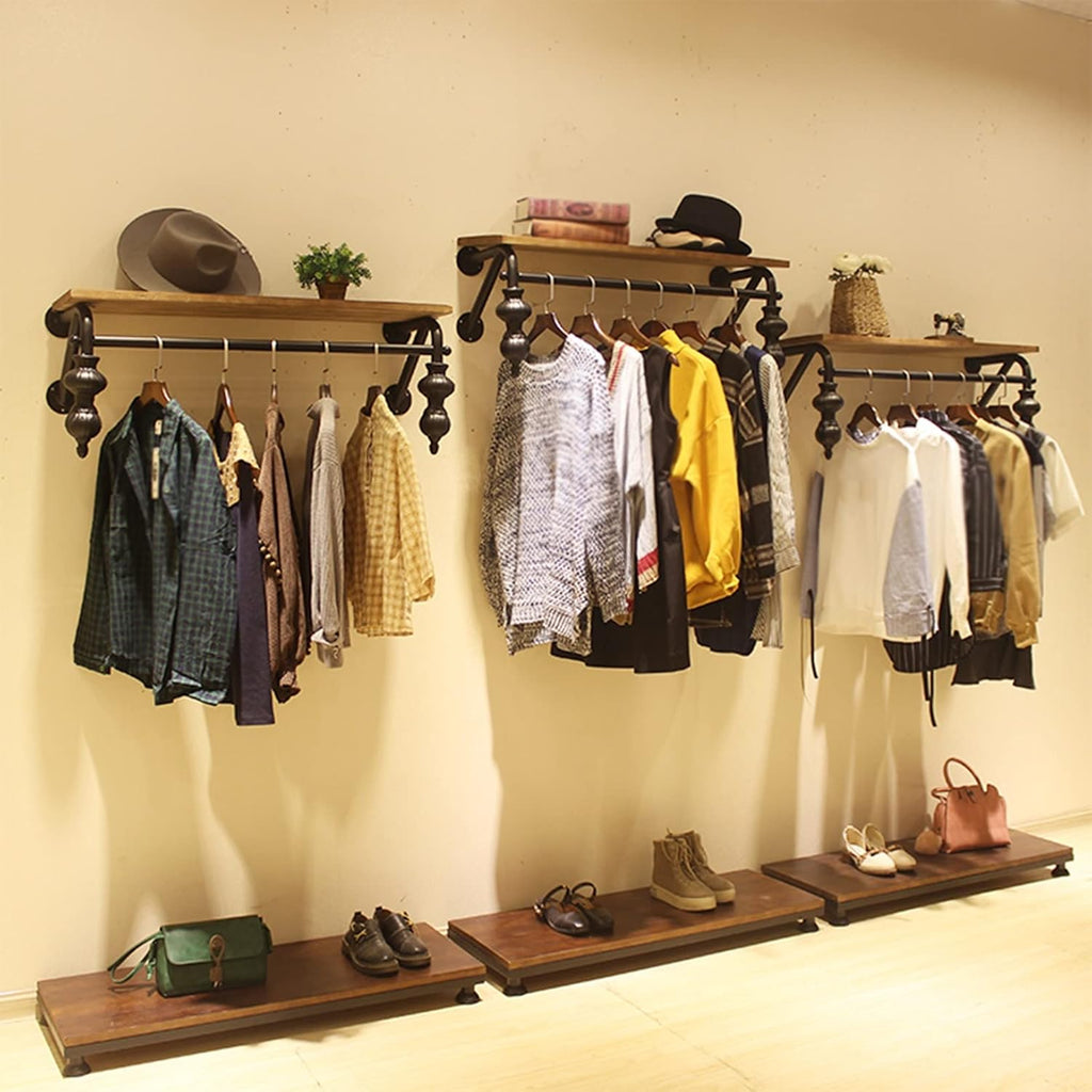 Clothing Garment Rack Wall Mounted with Wood Shelf,Industrial Pipe Floating Shelf,Retail Display Clothes Racks Heavy Duty Organizer Hanger(1-tier-80CM