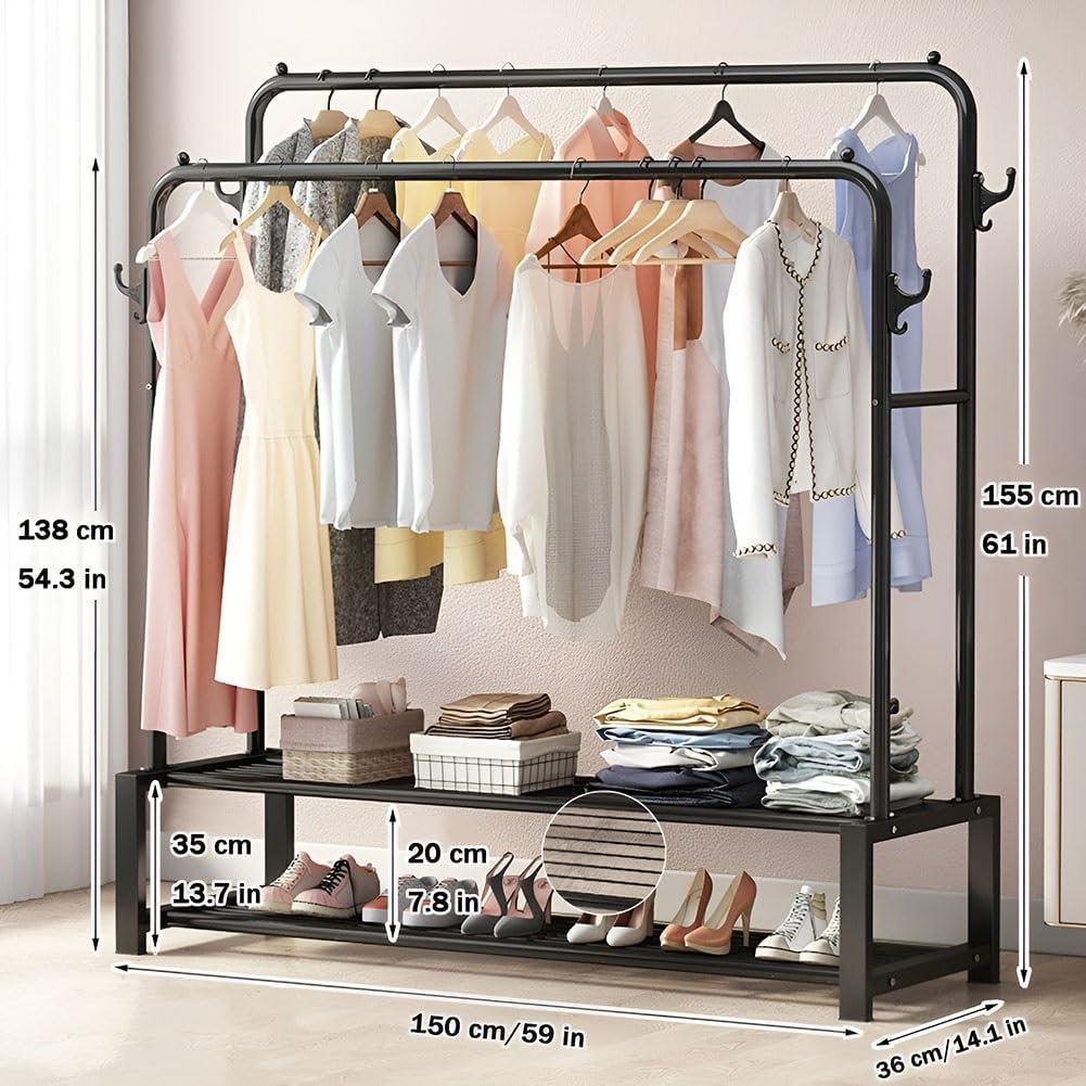 Doubl Rods Garment Rack Heavy Duty Clothes Rail Organizer with Wheels, 4 Hooks and 2 Bottom Shelf for Shoe and Clothes Storage