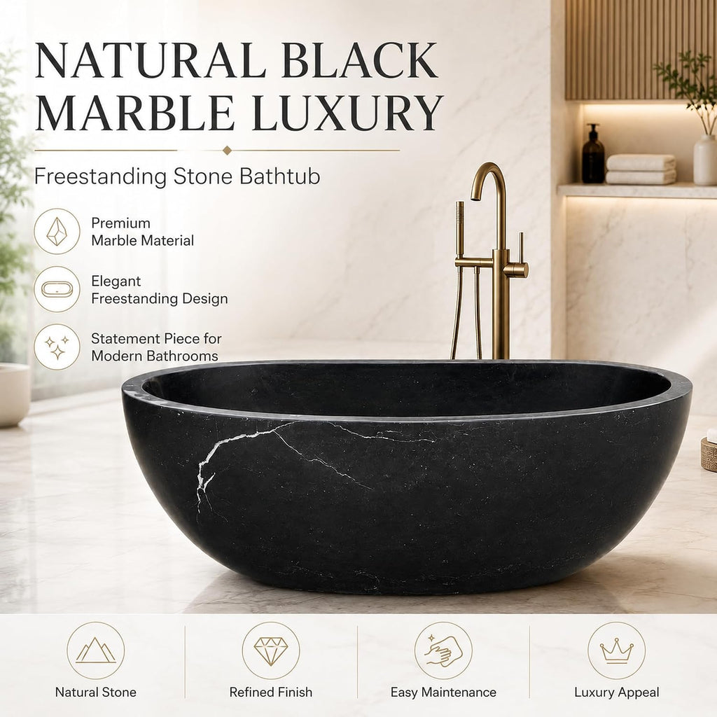CHETTO C Black Marble Freestanding Bathtub, Luxury Oval Stone Soaking Tub with Smooth Curved Design, Deep Ergonomic Stand Alone Bath Tub for Master Suite, Spa & Hotel Bathroom 60'Lx29.53'Wx21.65'H