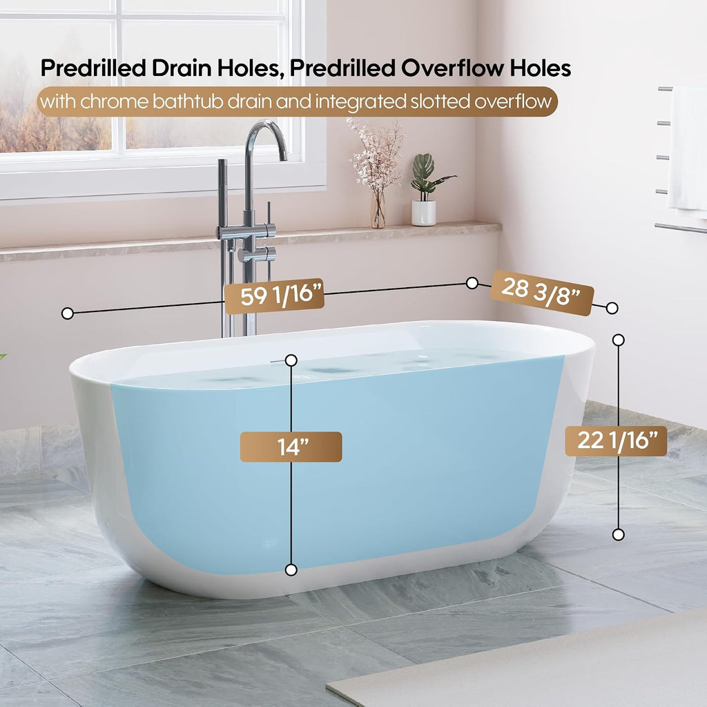 WELLFOR 60-Inch Freestanding Acrylic Bathtub with Chrome Bathtub Drain and Integrated Slotted Overflow, Freestanding Glossy White Soaking Bathtub, Acrylic Soaking Tub (Glossy White)