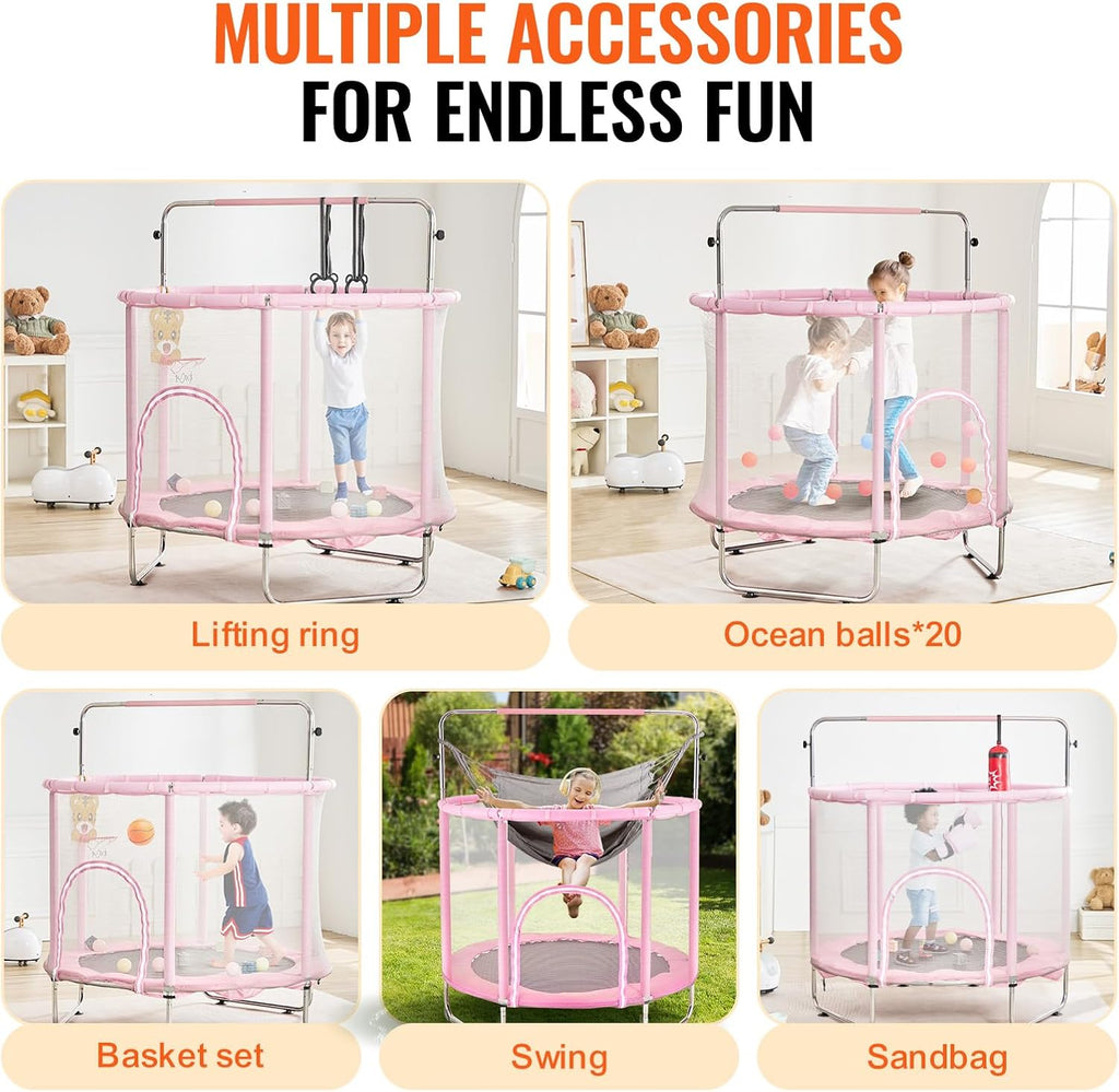 Happybuy 55' Kids Trampoline, 4.6FT Indoor Outdoor Trampoline, Mini Toddler Recreational Trampoline with Safety Enclosure Net and Basketball Hoop, Pink
