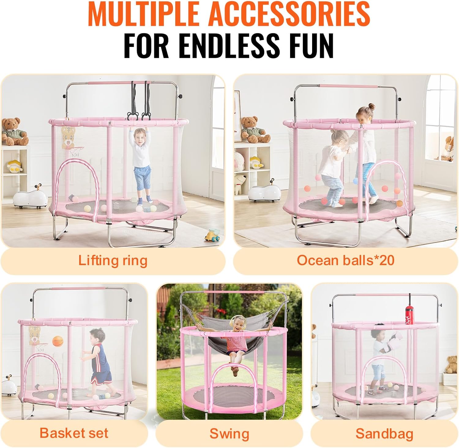 Happybuy 55' Kids Trampoline, 4.6FT Indoor Outdoor Trampoline, Mini Toddler Recreational Trampoline with Safety Enclosure Net and Basketball Hoop, Pink