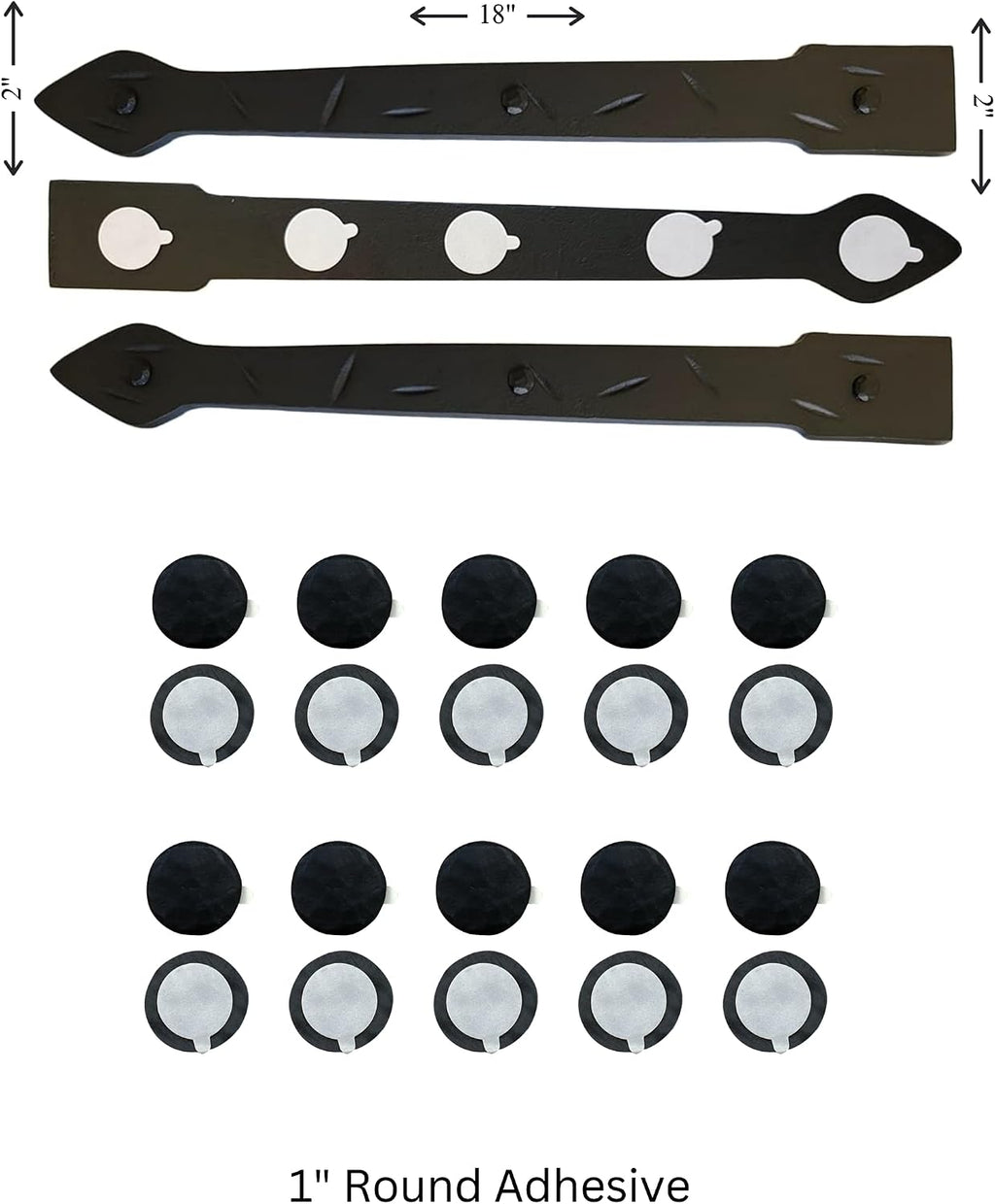 The Rustic Express - Self Adhesive 3 Iron Straps 18' & 20 Round Clavos 1' - Decorative Hinges & Clavos for Farm, Fiberglass, Metal, Wooden Gate Hinge and Garage Door Hardware - Black