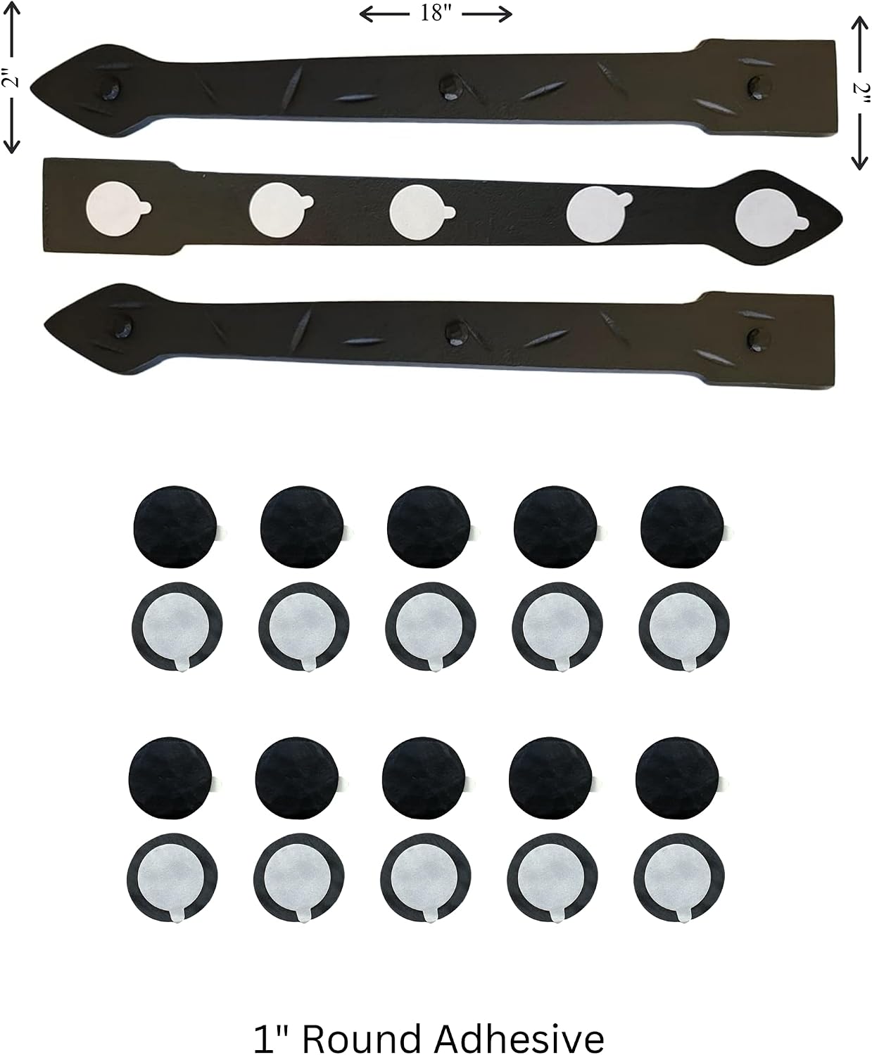 The Rustic Express - Self Adhesive 3 Iron Straps 18' & 20 Round Clavos 1' - Decorative Hinges & Clavos for Farm, Fiberglass, Metal, Wooden Gate Hinge and Garage Door Hardware - Black