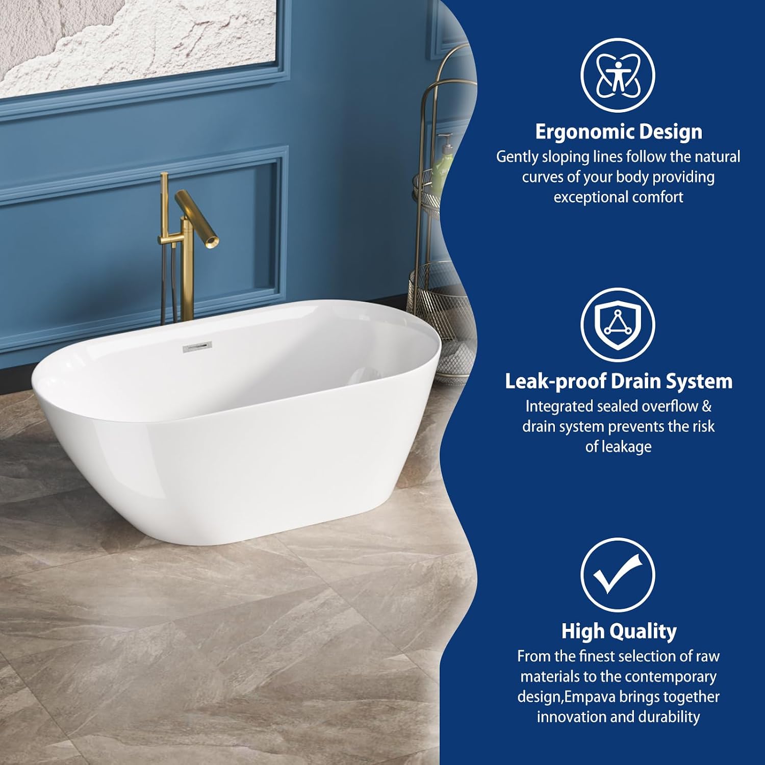 Sarlai 59 Inch Acrylic Freestanding Soaking Bathtub Contemporary Soaking White Tub Stand Alone Ergonomic Bathtub with Chrome Drain and Overflow