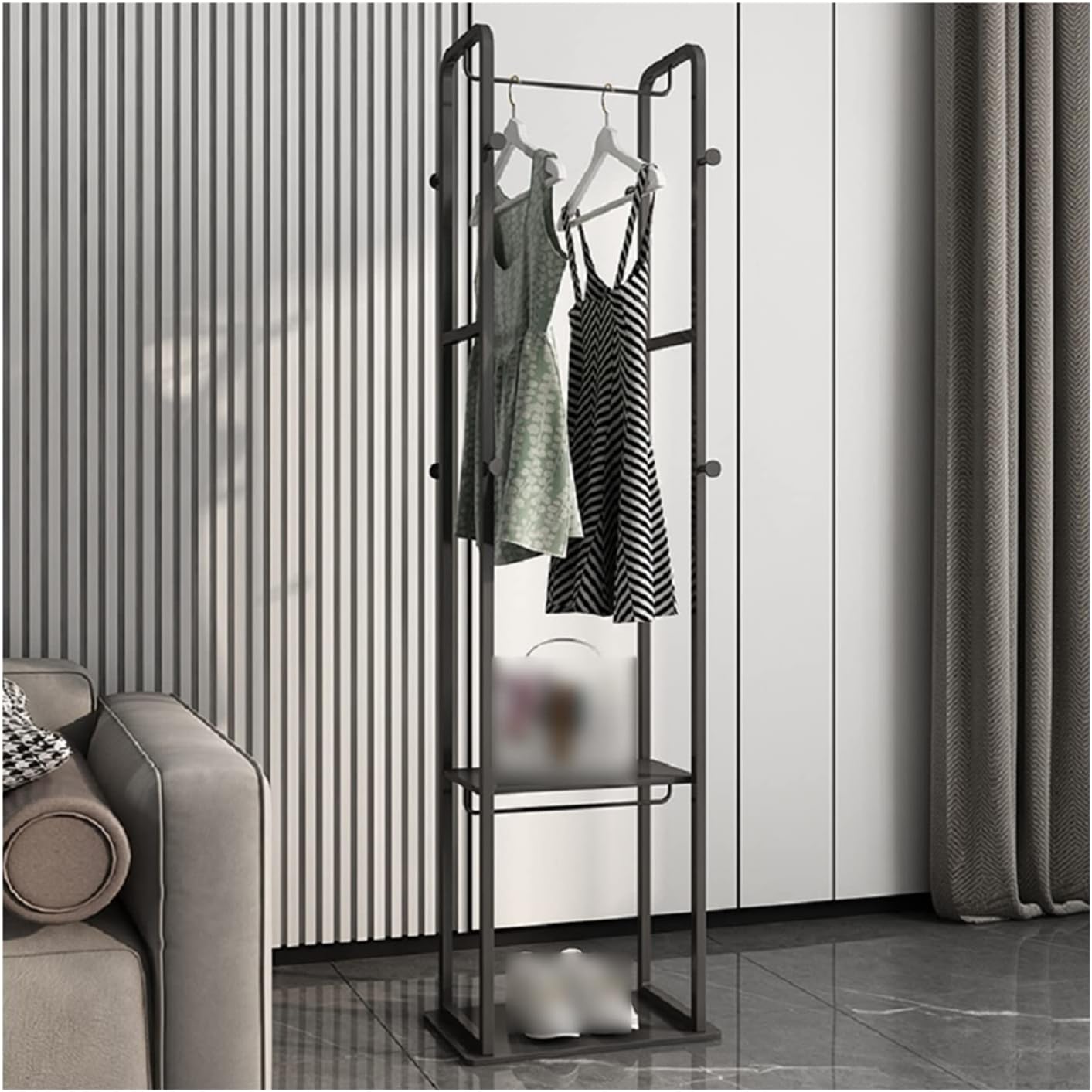 Coat Rack Stand Clothes Rack Stand, Portable Garment Rack, Stable Metal Frame Furniture, Shoe Hat Umbrella Book Storage, Ideal for Bedroom Hall Entry(Black-47x27x175CM