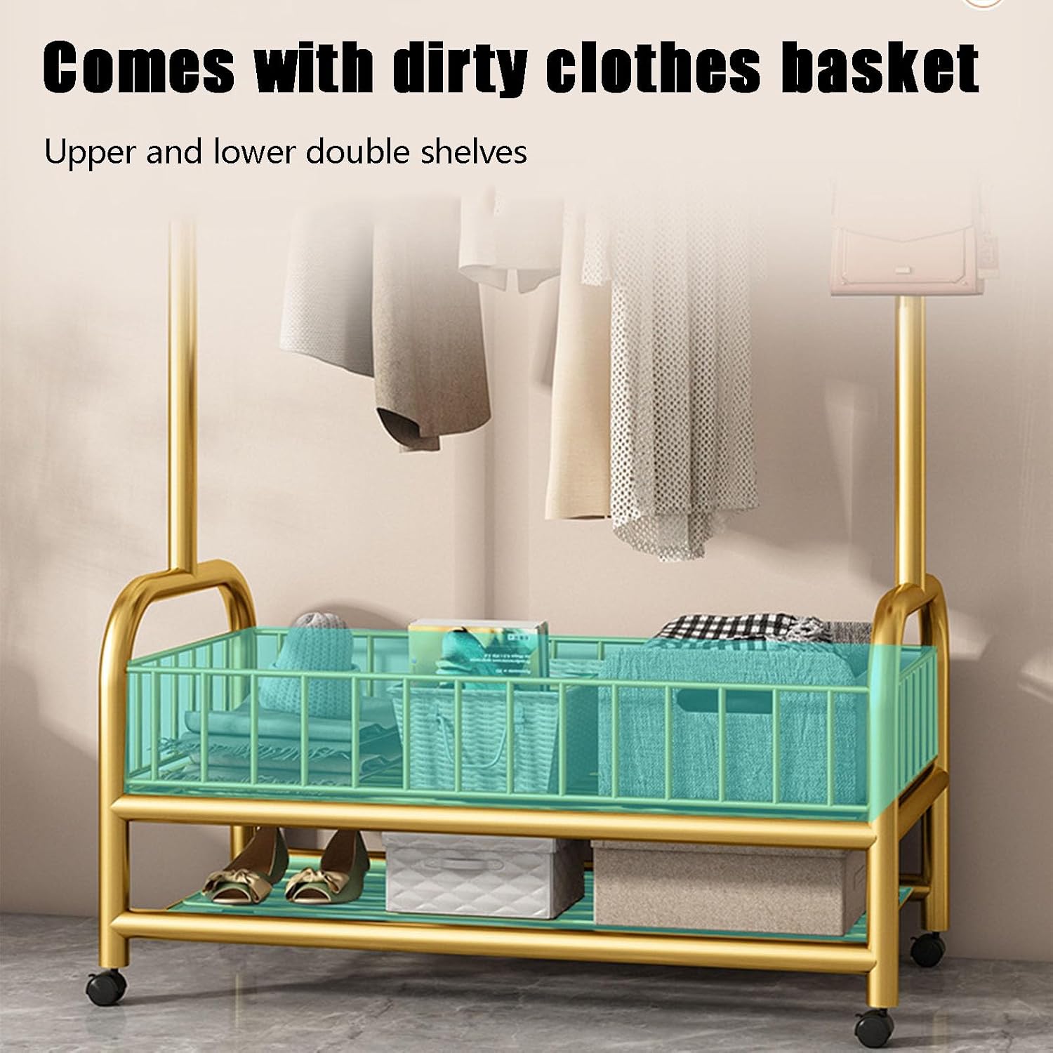 Rolling Garment Rack, Portable Closet Wardrobe with Storage Basket and 4 Hooks Clothing Rack Freestanding Closet Metal Clothing Rack for Bedroom Living Room Office Mudroom