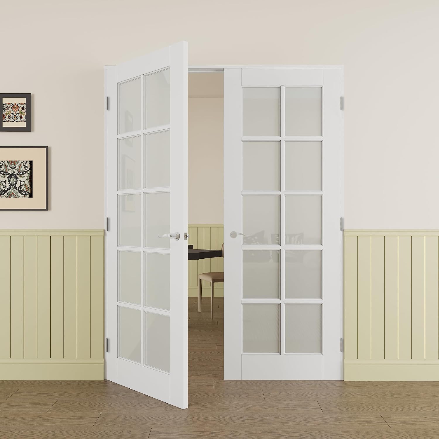 Prehung French Door 60' x 80' (2x30 in), Tempered Frosted Glass Door Slabs with Jamb, Silver Hinges, 4 Levers & Latch, Solid Core Interior Door, Pre-Finished & Paintable, MDF Double Doors Interior