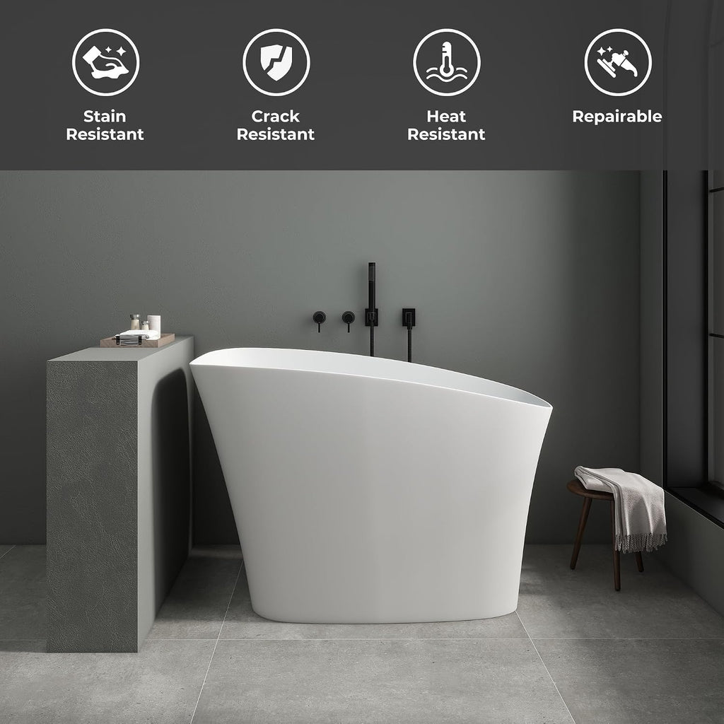 SJ Star&Jane 51' Solid Surface Japanese Soaking Bathtub Stone Resin Freestanding Tub Deep Soaking Bathtub Sit-In Design with Overflow and Drain