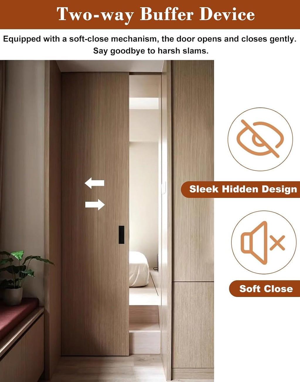 Invisible Pocket Door Hardware with Two-Way Soft Close Mechanism, Top Mount Sliding Door Track with Nylon Ball Bearing Six-Wheel, Floor Guide(96cm(37.8in))