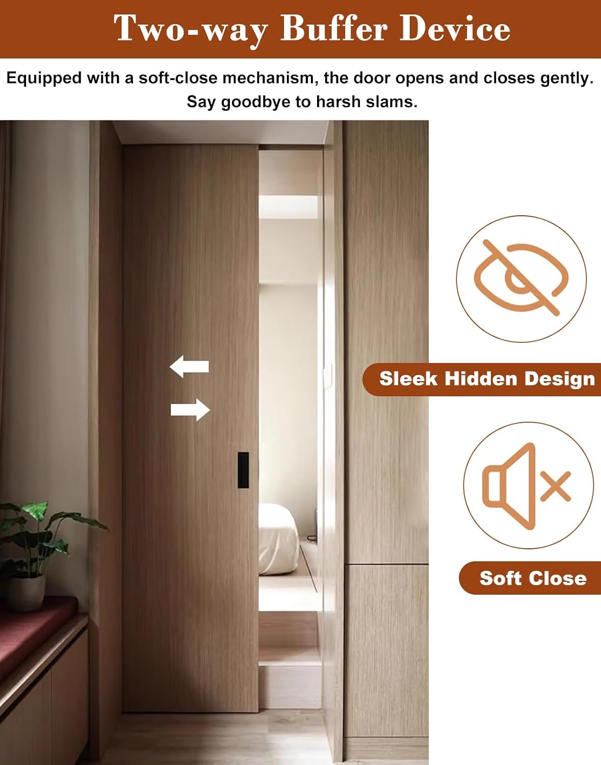Invisible Pocket Door Hardware with Two-Way Soft Close Mechanism, Top Mount Sliding Door Track with Nylon Ball Bearing Six-Wheel, Floor Guide(190cm(74.8in))