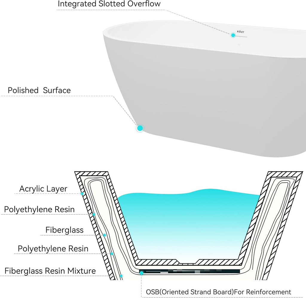 FerdY 59' Bali Elite Acrylic Freestanding Bathtub, Gracefully Shaped Freestanding Soaking Bathtub, cUPC Certified, Toe-Tap White Drain and Minimalist Linear Design Overflow Included