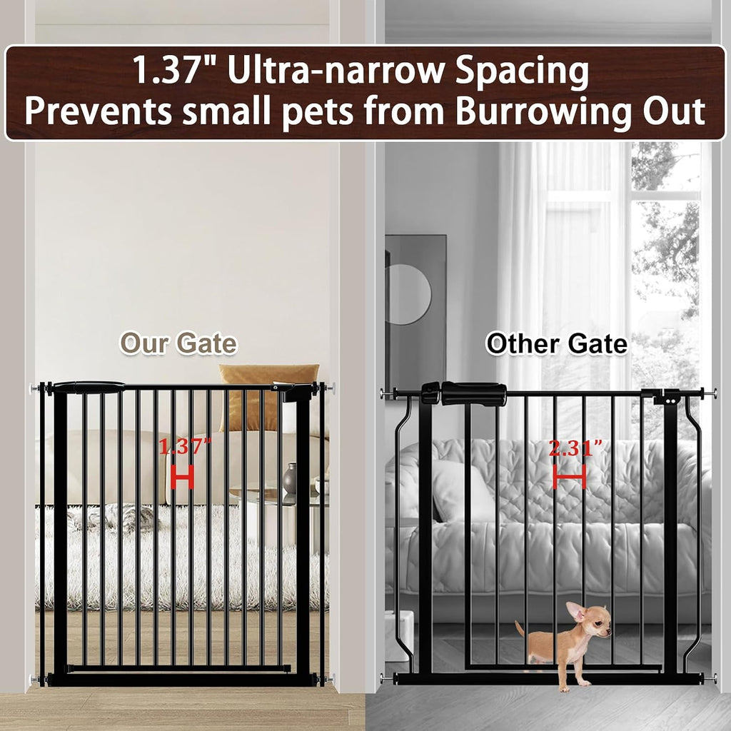 DEARBB Extra Wide Baby Gate Ultra Narrow Spacing 30.11-77.36' Pressure Mounted Double Lock Swing Auto Close Walk Through Metal Safety Pet Gate for Stairs and House Doorway Kitchen