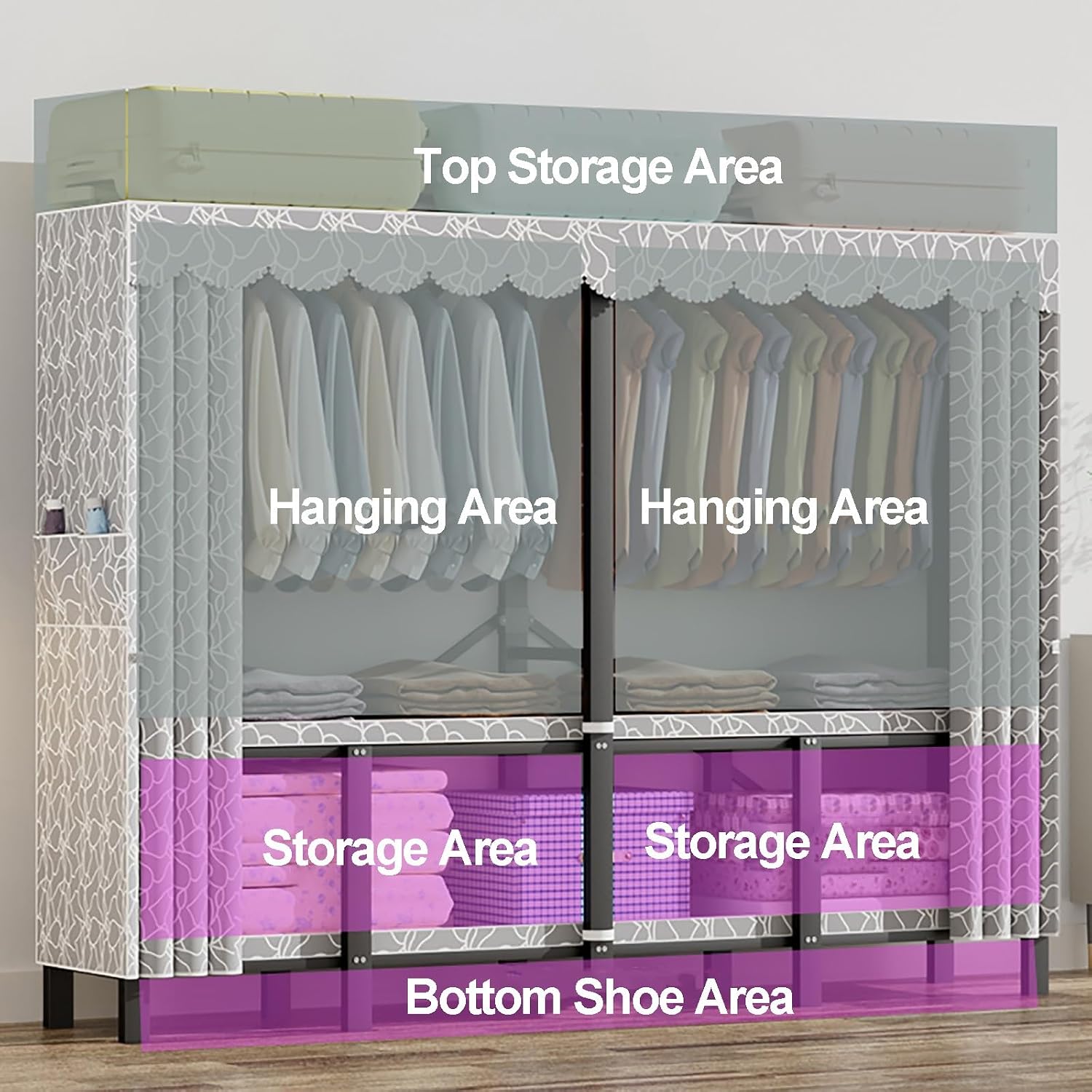 Heavy Duty Garment Rack With Cover Folding Wardrobe Closet Foldable Clothing Rack For Hanging Clothes Armoires Portable Metal Coat Storage Organizer Covered(E,139cm/54.7inch)