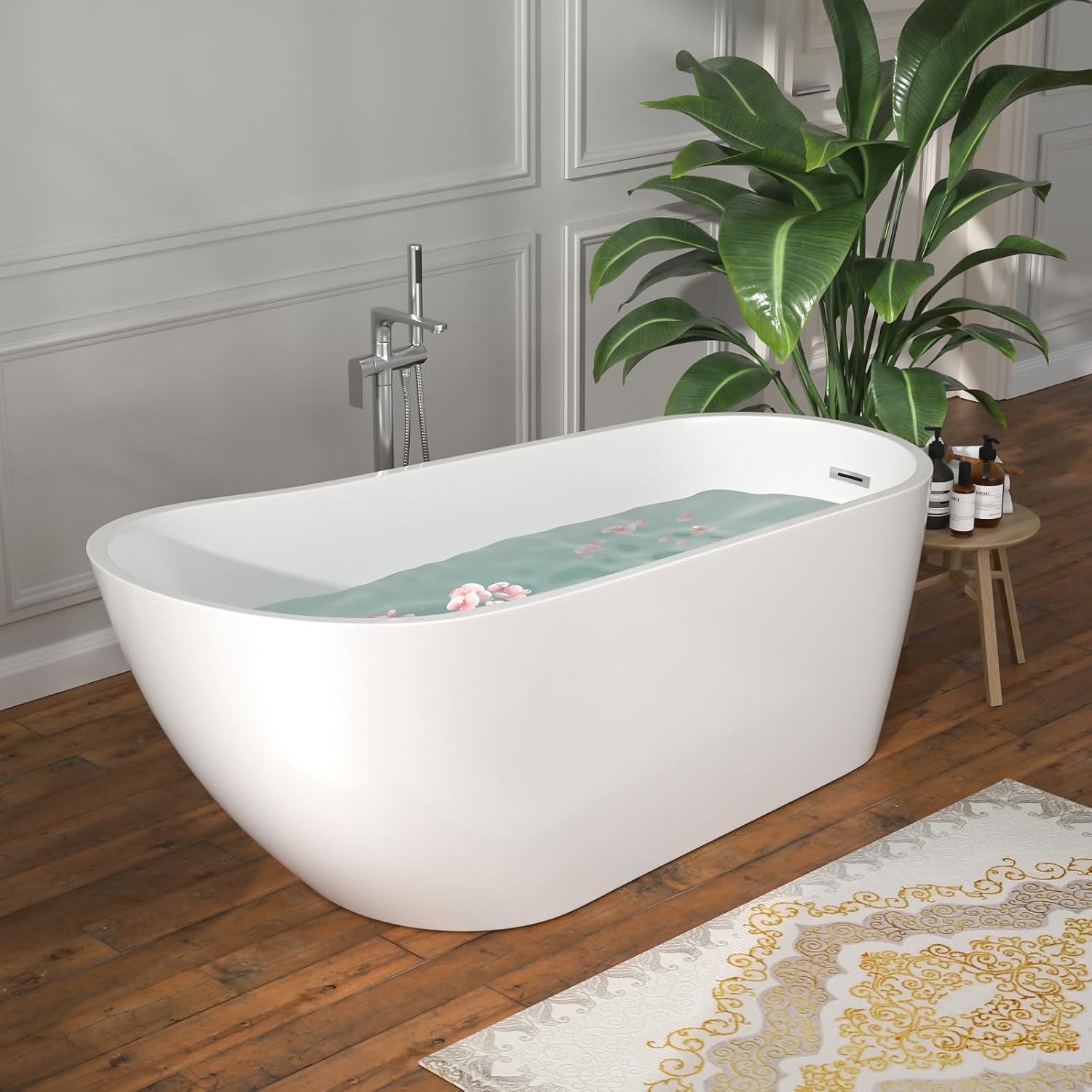67' Freestanding White Acrylic Slipper Bathtub – Spacious Soaking Tub with Chrome Drain and Ergonomic Backrest for Luxurious Home Bathing, YSB9213