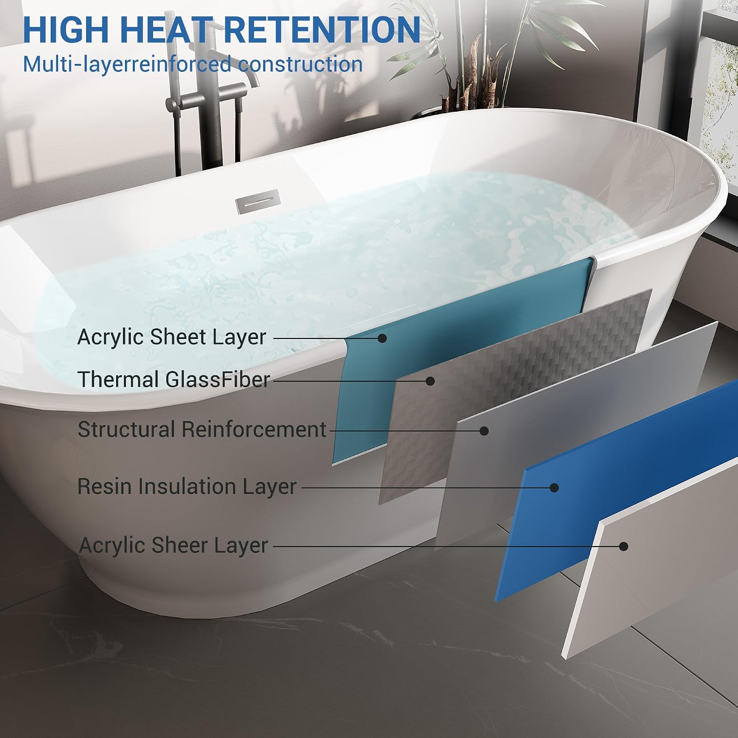 67 Inch Free Standing Tub, Modern Luxury Oval Soaking Tub, Acrylic Stand Alone Bathtub with Chrome Drain, Grey White Finish for Contemporary Bathrooms