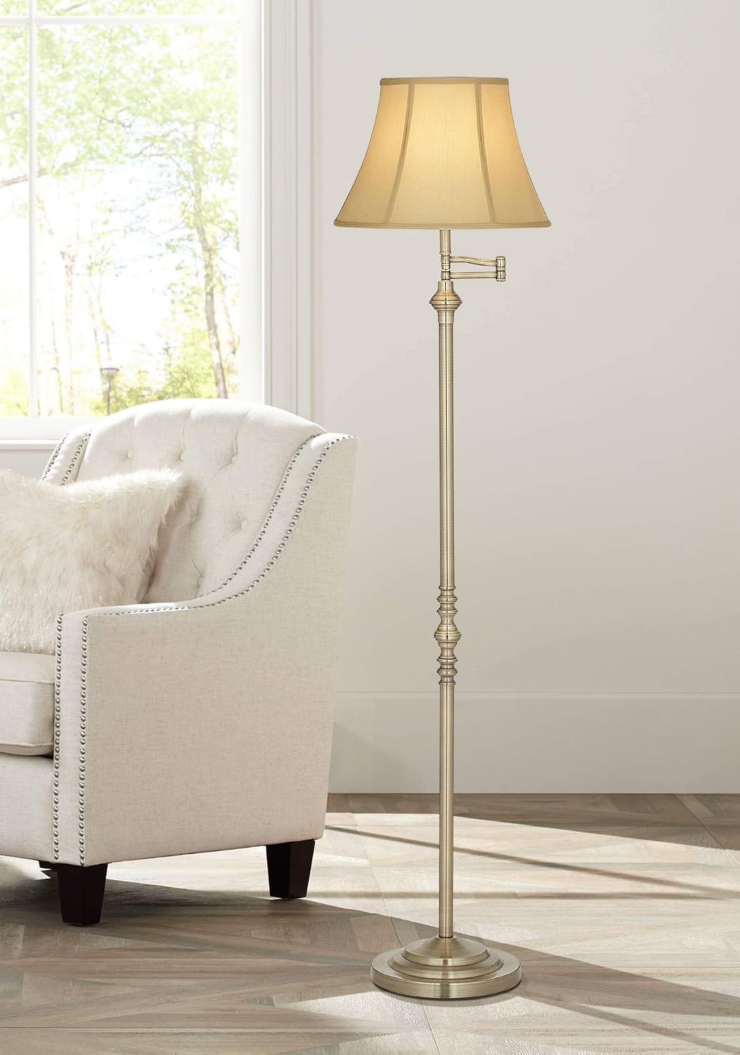 Regency Hill Montebello Traditional Adjustable Swing Arm Floor Lamp Standing 60' Tall Antique Brass Metal Column Golden Tan Bell Shade for Living Room Reading House Family Bedroom Home